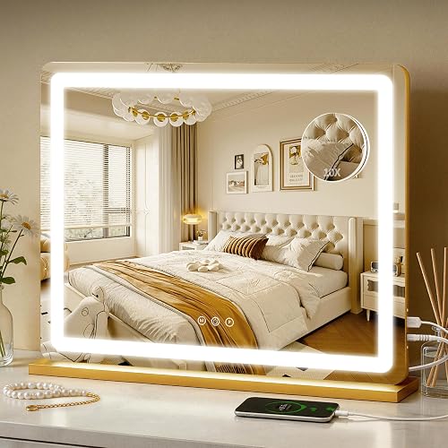 ROLOVE 23"x18" Gold Vanity Mirror with Lights, Large Lighted Makeup