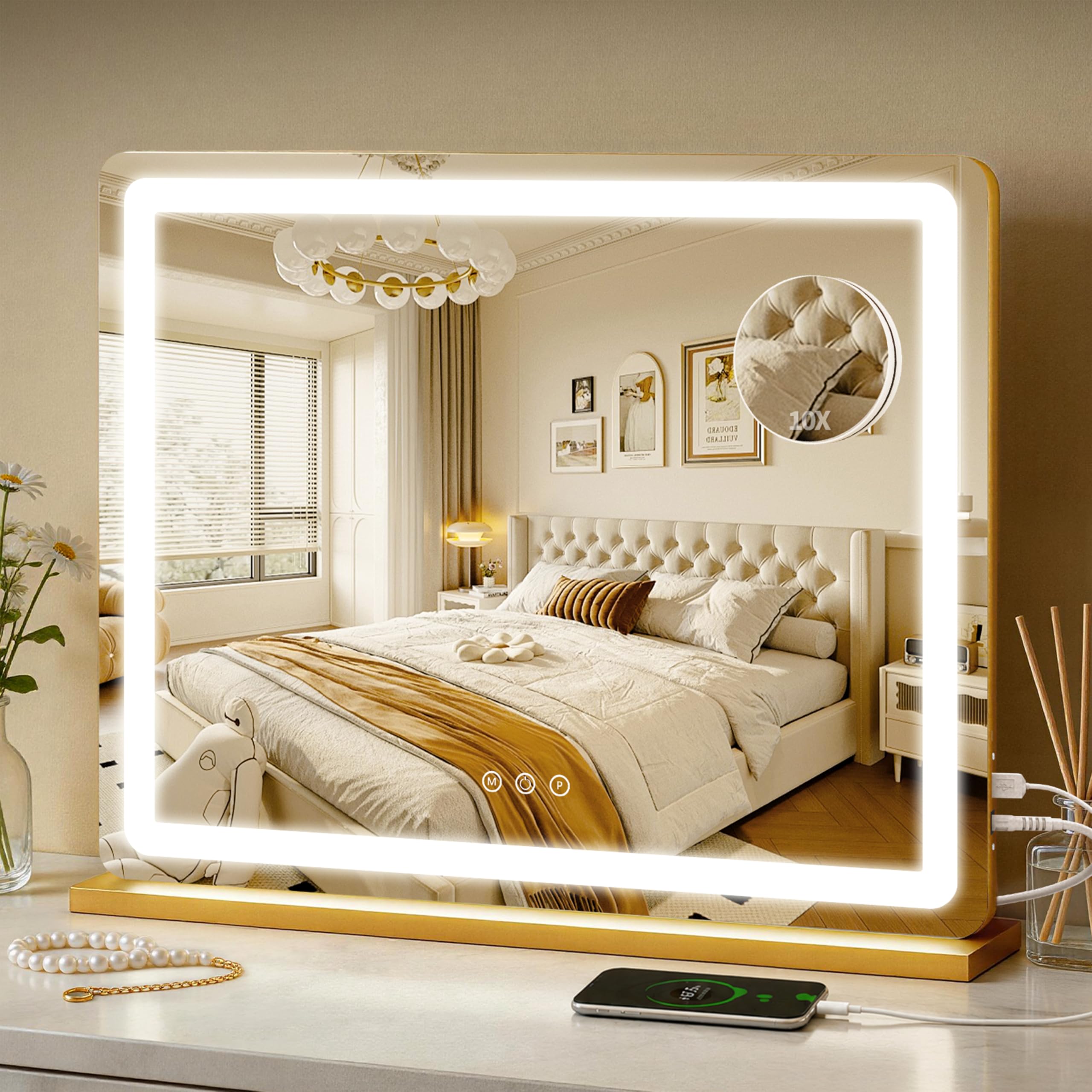 ROLOVE 23"x18" Gold Vanity Mirror with Lights, Large Lighted Makeup Mirror with 10X Magnifier, 3 Color Lighting &amp; Stepless Dimming, Wall Mounted or Tabletop Desk Mirror for Bedroom