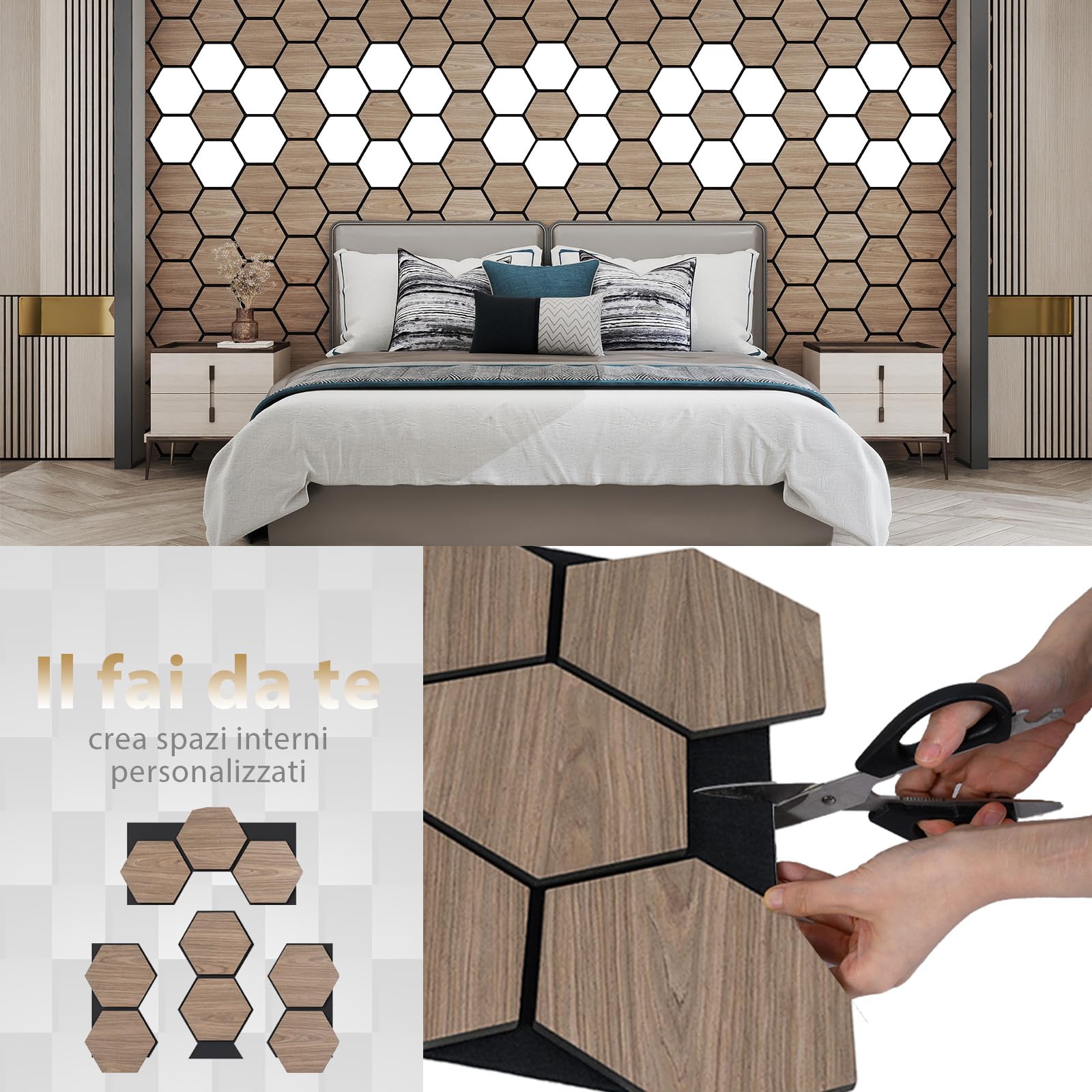 COSTWAY Pannello Fonoassorbente 4 Pezzi, Pannelli Acustici per Pareti, 81 x 66 cm con 9 Tavoletta Esagonali in Legno, Decorazione d’Interni, per Riduzione Rumore, 2,1 m²