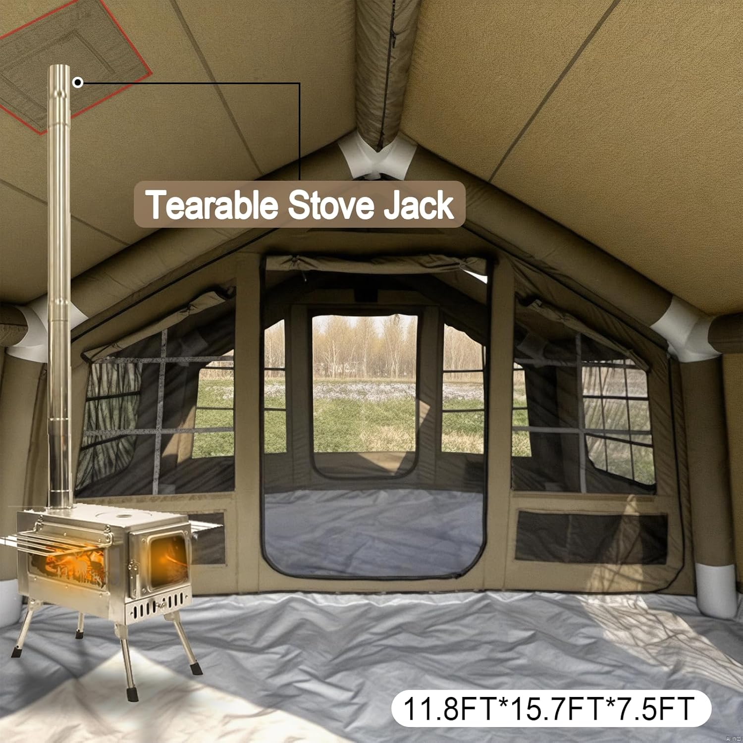 Inflatable Tent, Outdoor Easy Setup Inflatable Tents for Camping, Portable Blow Up Tent with Stove Jack, Cotton Canvas Material for Glamping, for 4 Season, 4/6/8/10 Person Use