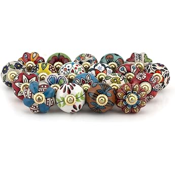 Craft Trade Assorted Door Cabinet Knobs Boho Antique Ceramic Door Knobs Dresser Drawer Pulls Hardware Knobs for Kitchen Furniture Brass and Cabinet - Pack of 20