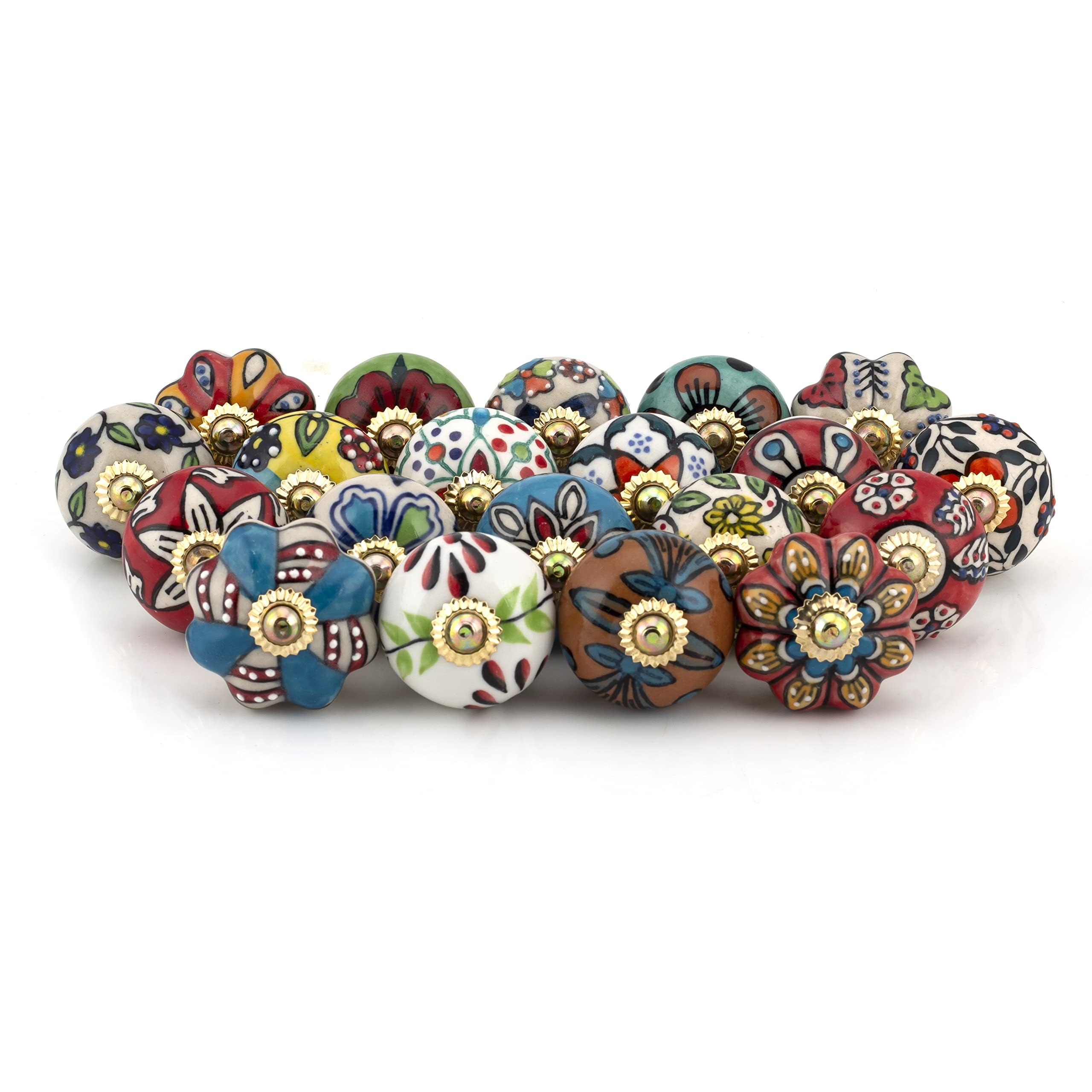 Door Knobs for Drawers - Assorted Ceramic Blue Pottery Brass Fitting Pull Handle for Cabinets and Dressers Antique Furniture Hardware Accessories - Multicolor - Pack of 20