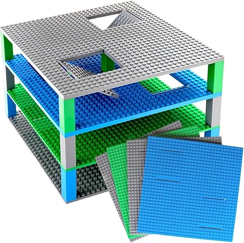 Miniatura 1 de Strictly Briks Placas base apilables, compatibles con Lego, 10 x 10 pulgadas, azul/verde/gris, paquete de 4 con 15 apiladores, placa base de