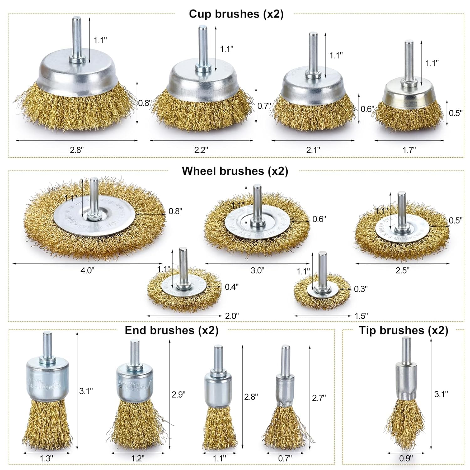Brass Wire Brush for Drill Rust Removal, Wire Wheel for Drill, Cup Brush and End Brush Set, Wire Brush Drills Attachments, 1/4" Drill Shank, Carbon Steel Bristles (Brass Wire Brush, 28)