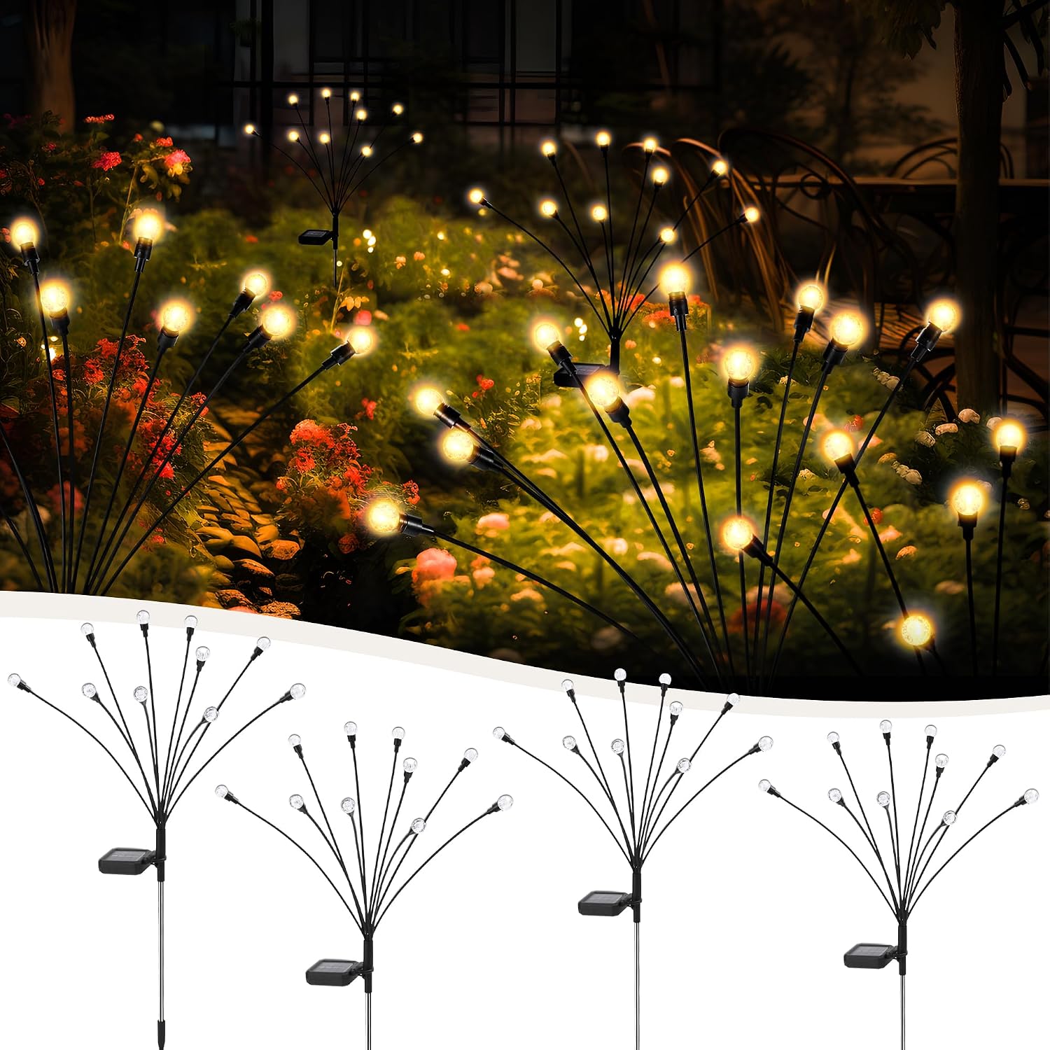 10 LED Solar Garden Lights, 4 Pack Solar Firefly Lights Outdoor Waterproof, Solar Crystal Ball Swaying Lights, Firefly Garden Lights Solar Outdoor (Warm White)