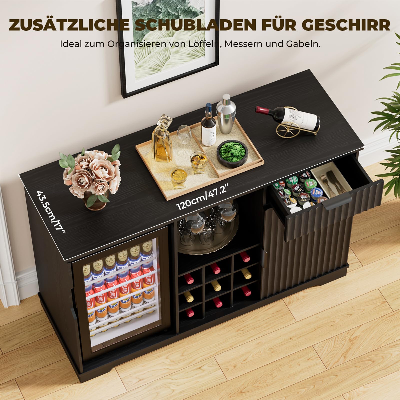 Kaffeebar-Schrank mit integriertem Kühlschrank, geriffelter Weinschrank mit Weinregal & Gläserhalter, Buffet Sideboard mit Spirituosenschrank, Schublade & Stauraum, Hausbar, Schwarz
