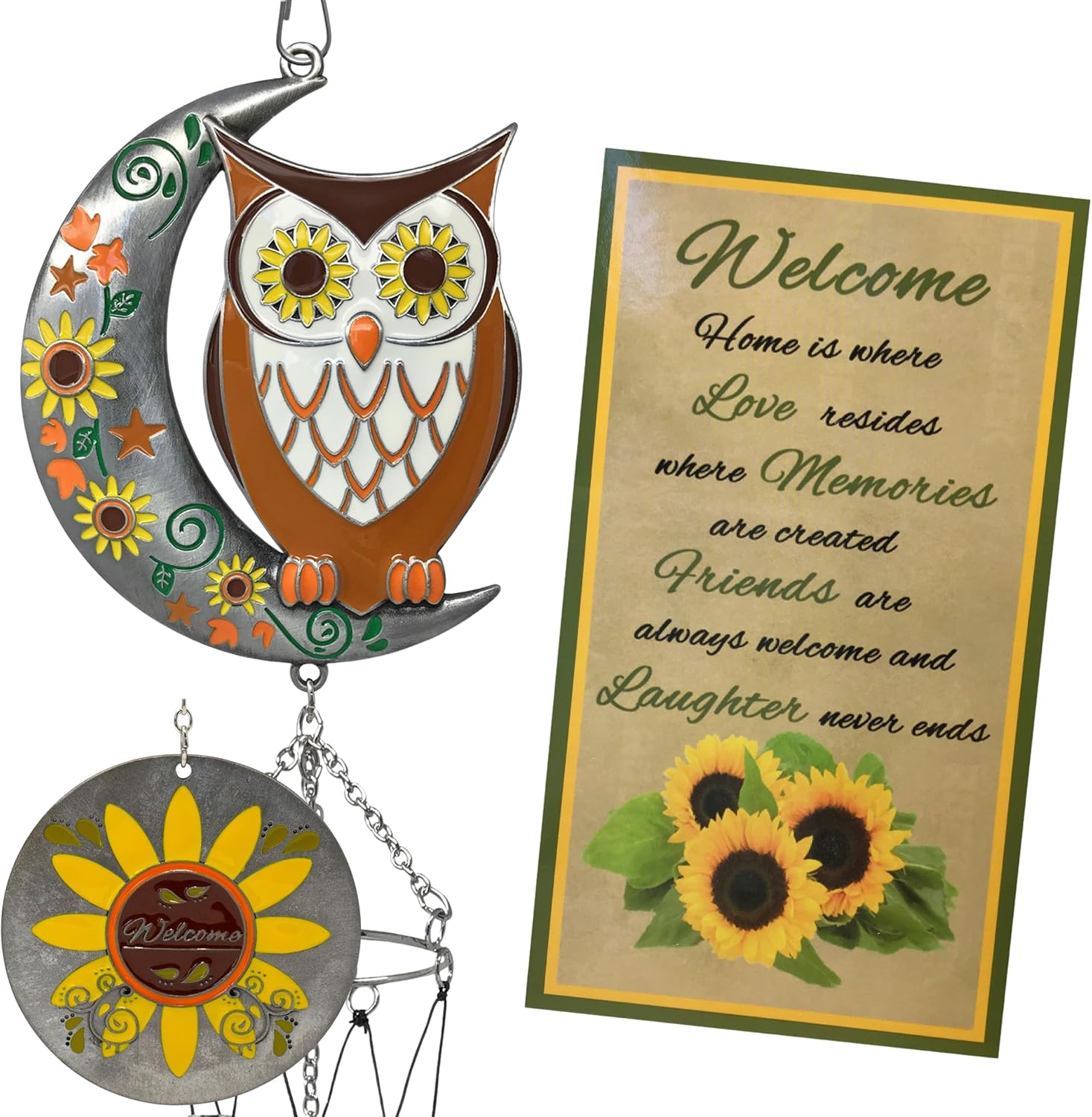 Owl Wind Chimes Set of 2 with Sunflower Welcome Medallion – Enameled Owl Hanging Décor with Stars, Leaves & Moon – Outdoor Garden Patio Porch Decor – 24" Hanging Length Gift for Home