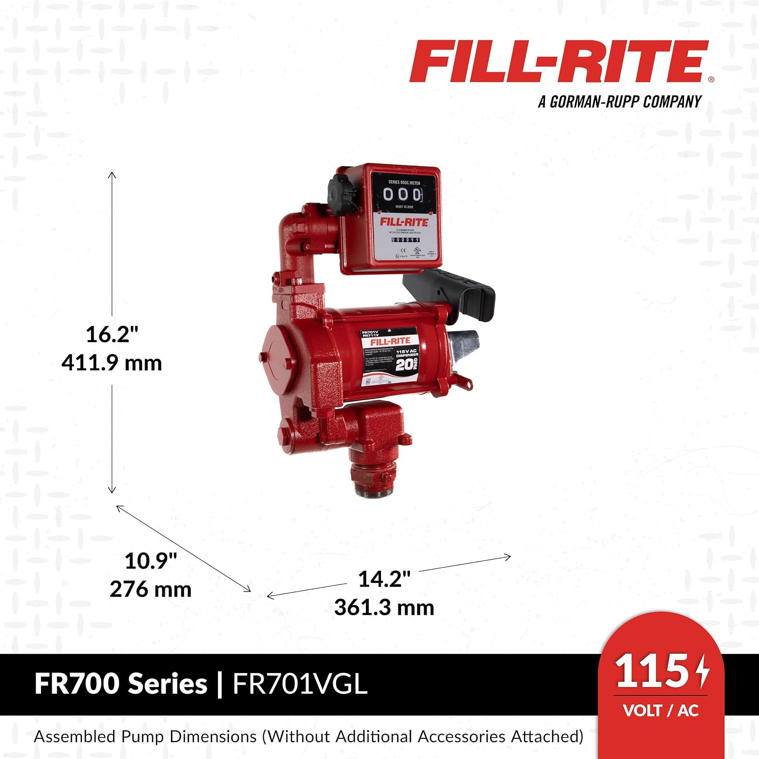 Fill-Rite FR701VGL 220V 50/60Hz AC Pump, 3/4"x12' Hose, 1" Manual Nozzle, 807CL Meter Liter