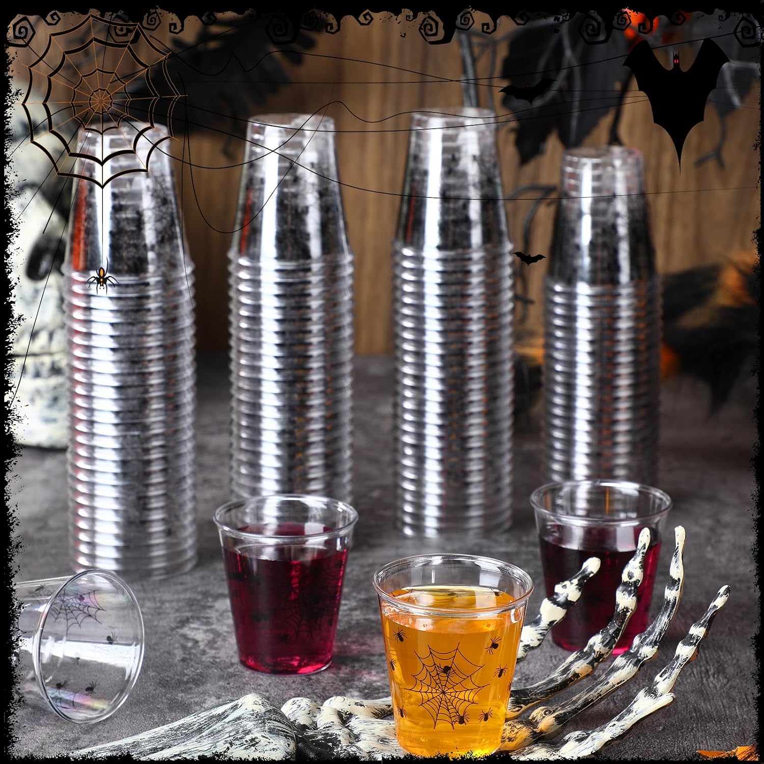 Meanplan 200 Pcs Halloween Plastic Shot Glasses 1.5oz Spider Clear Disposable Party Shot Cups Small Tasting Cups for Halloween Party Favor Whiskey Drinking Supplies