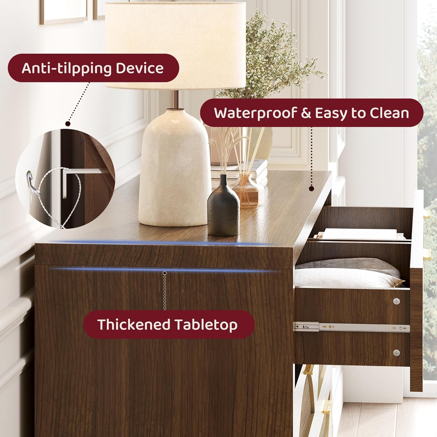 6 Drawer Rattan Dresser for Bedroom,Boho 47.2" Wide Wood Chest of Drawers,Dresser TV Stand with Metal Handle,Large Storage Closet Organizer for Living Room,Hallway,Walnut