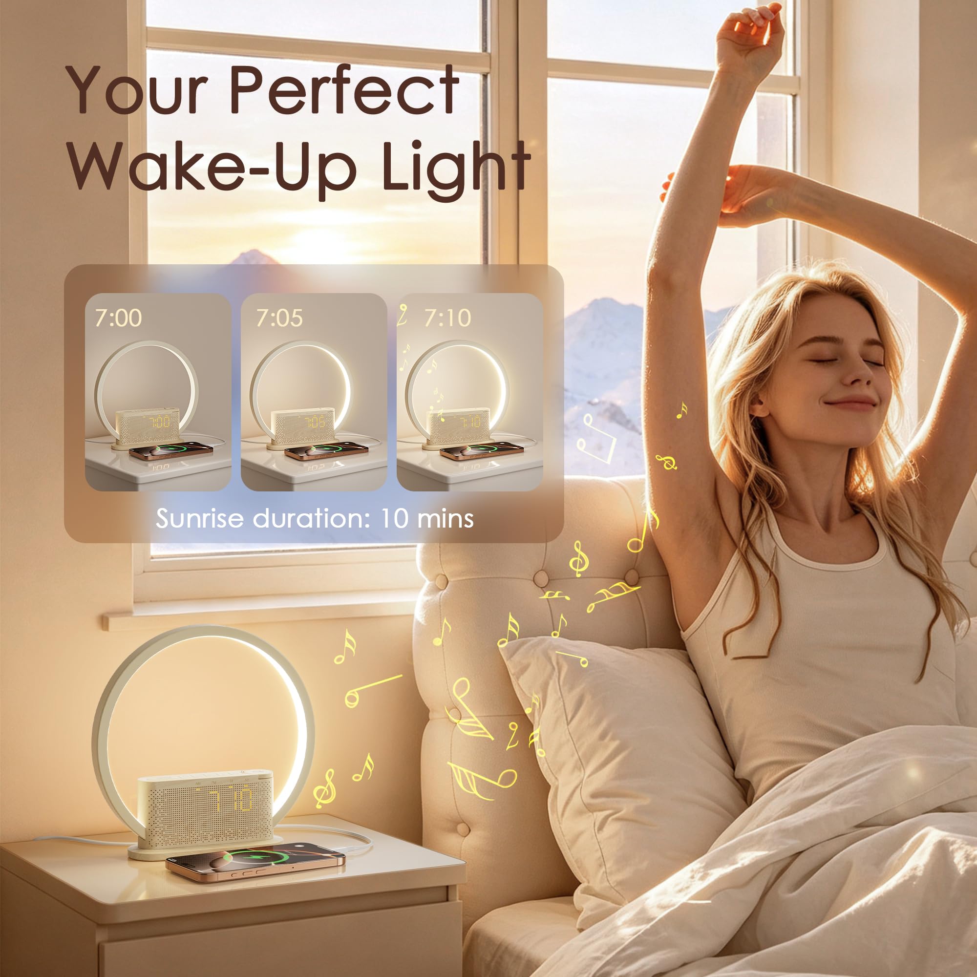 blonbar Reloj Despertador con Luz de Amanecer, 3 Niveles de Brillo, Doble Alarma con Despertador Suave, Sonidos Naturales Integrados, Salida USB, Función de Posponer 10 Minutos Lámpara de Cabecera par