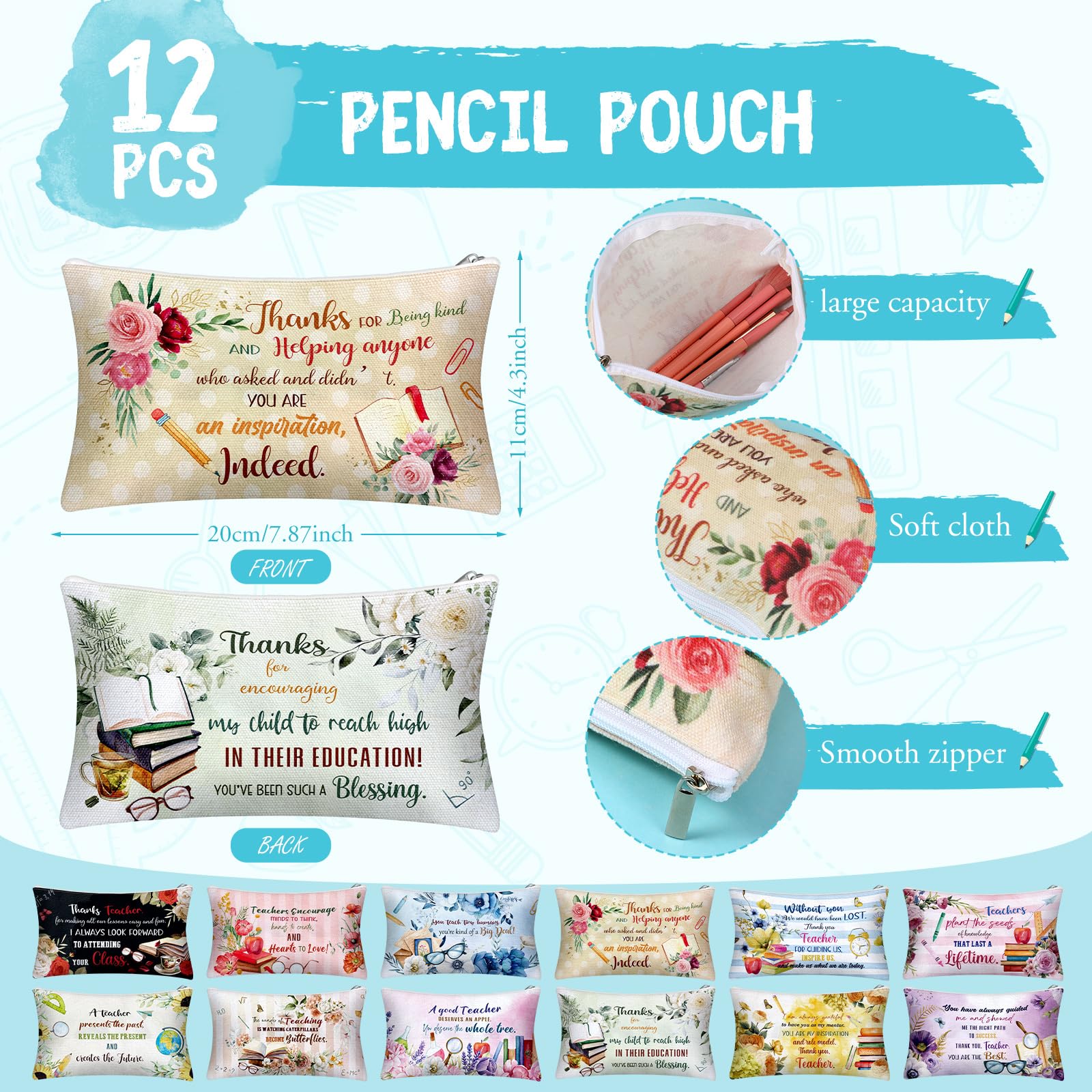 Siifert 12 Pcs Makeup Bags Bulk with 12 Quote Keychains Inspirational Canvas Cosmetic Bags Positive Affirmation Bag Makeup Pouch Christian Gifts for Women Friend Employee(Teacher)