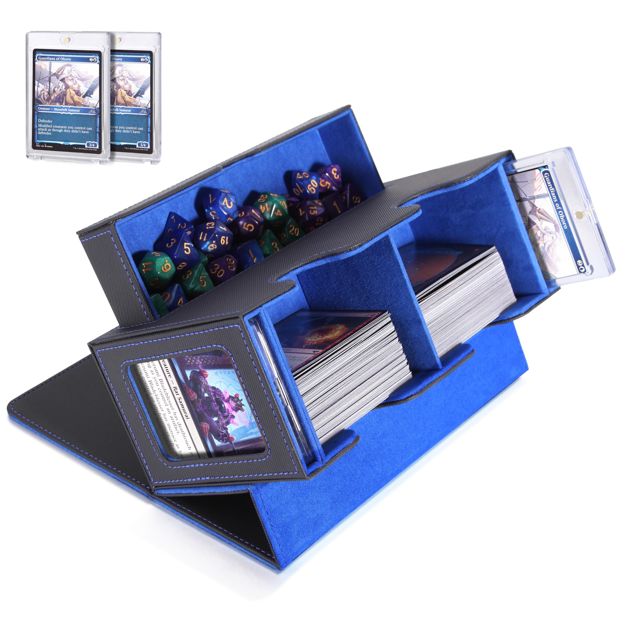 MTG Deck Box, MTG Commander Card Deck Box with Commander Display, Fits 320+ Single Sleeved, Double Card Storage Box with Dice Tray, Magnetic Card Storage Case for CCG TCG Sports Cards, Black Blue