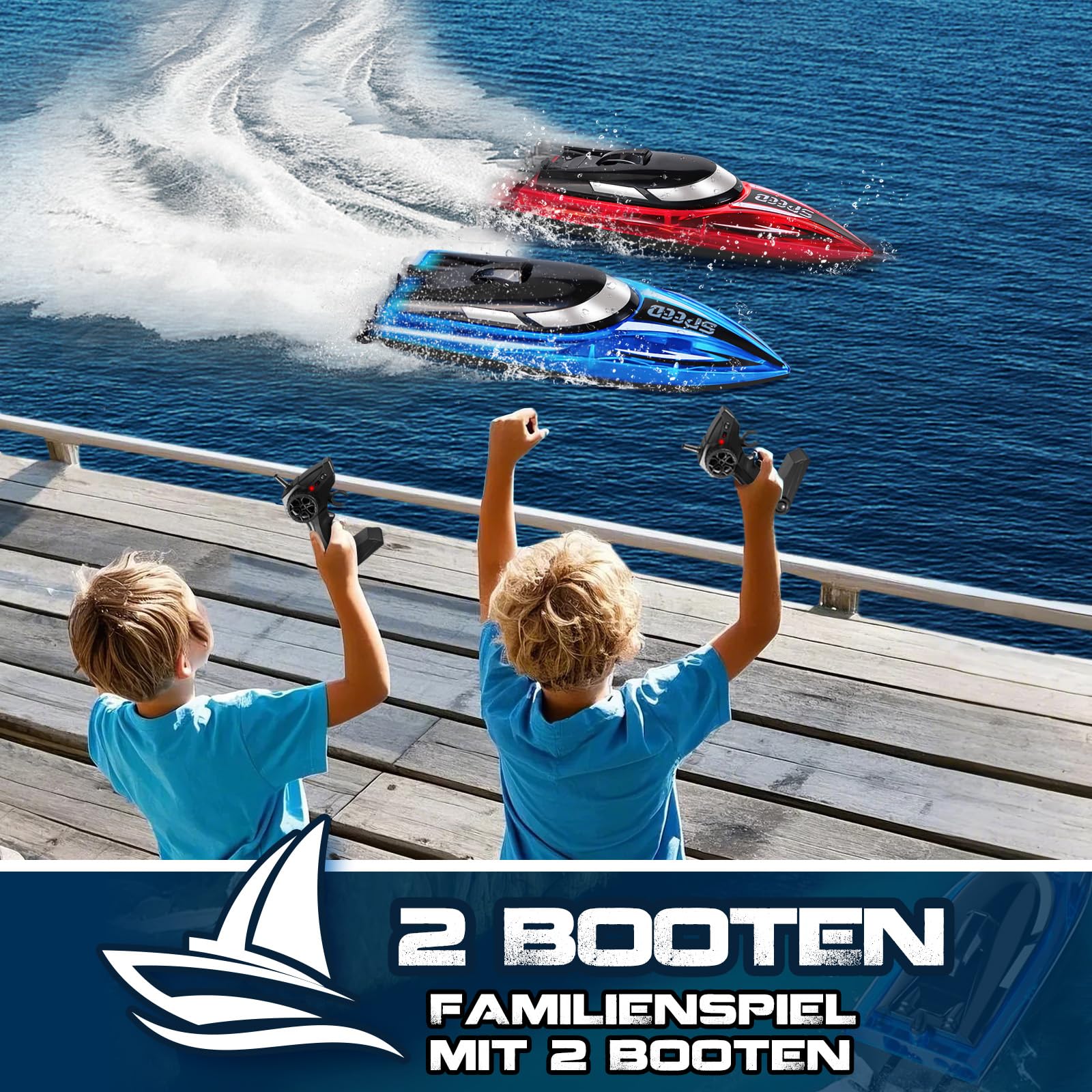 JONRRYIN Ferngesteuertes Boot 2 Stück, RC Boot mit LED-Licht für Pools und Seen, 2,4 GHz Ferngesteuerte Boote RC Rennboot, Speedboot Poolspielzeug für Kinder und Erwachsene