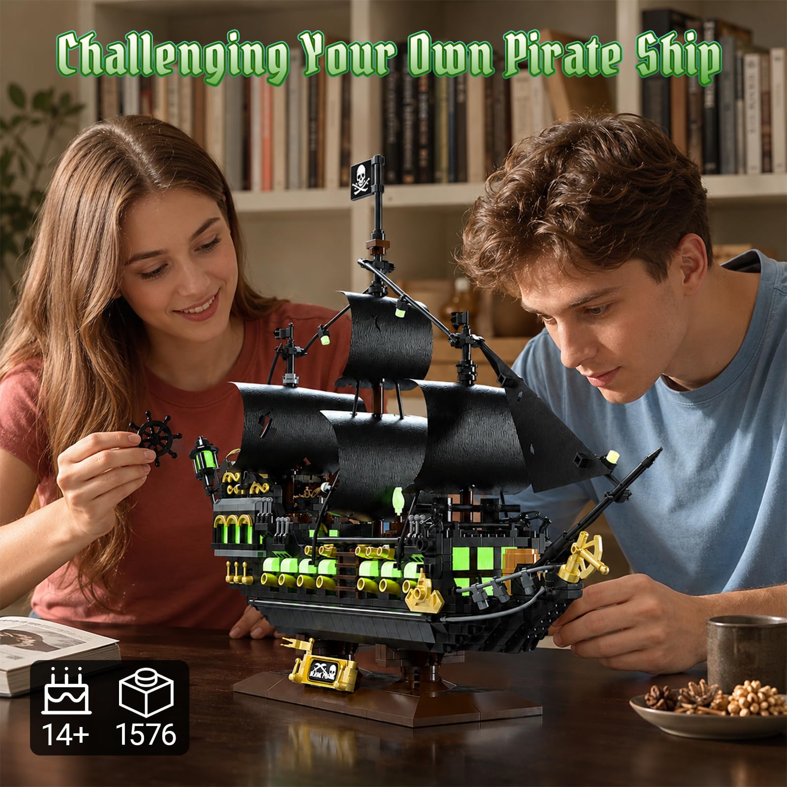 Set di mattoncini Nave Pirata Luminosa | modello notturno decorativo per adulti, kit creativo regalo per ragazzi e ragazze a partire da 14 anni (1576 pezzi)