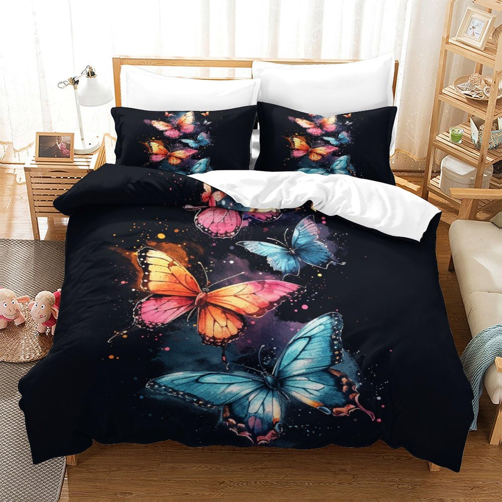 Housse de couette impression 3D papillons et insectes en microfibre hypoallergénique 140x200 cm