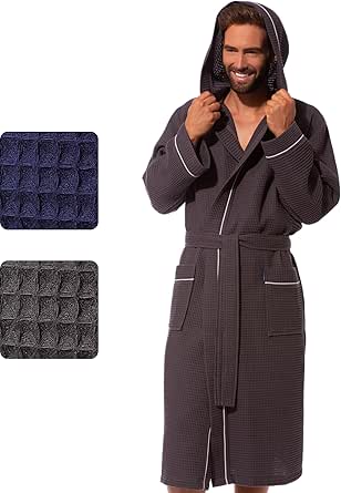 Morgenstern Bademantel Herren Leicht Waffel-Stoff 100% Baumwolle Kapuze Lang