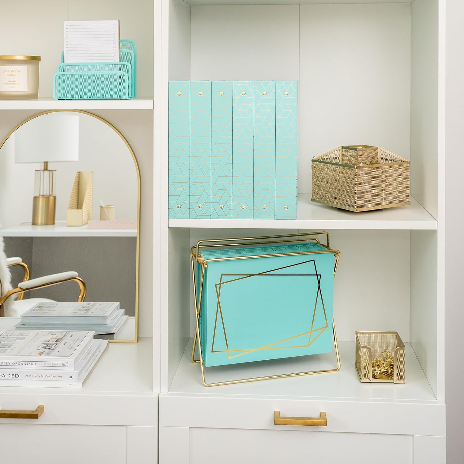 BLU MONACO | Decorative Hanging File Folders Letter Size 12 Pack | Aqua Plastic Hanging File Folders with Gold Foil | Hanging Legal File Folders with Tabs and Dividers