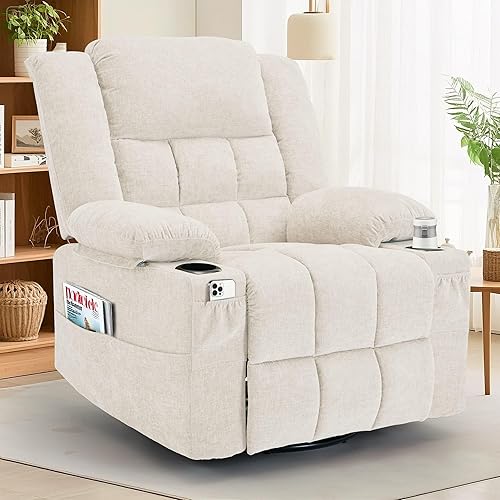 360° Swivel Rocker Recliner for Adults, Nursery Glider Recliner with Massage and Heating, Rocking Chair with Cup Holder, Manual Recliner Chair for Living Room, Bedroom (Fabric, Beige)