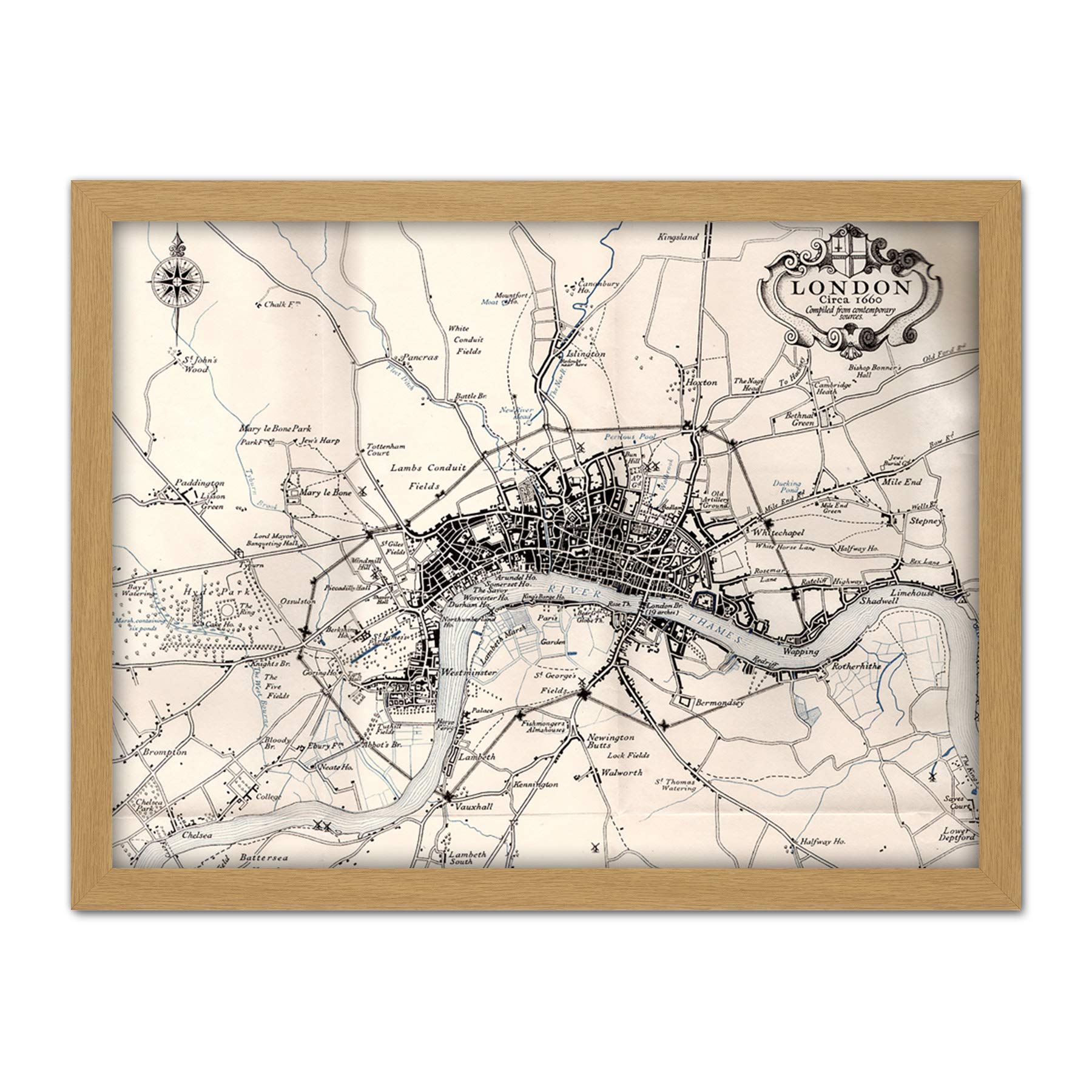 Artery8 Map Crown 1930 London City England 1660 Plan Chart Artwork Framed Wall Art Print 18X24 Inch