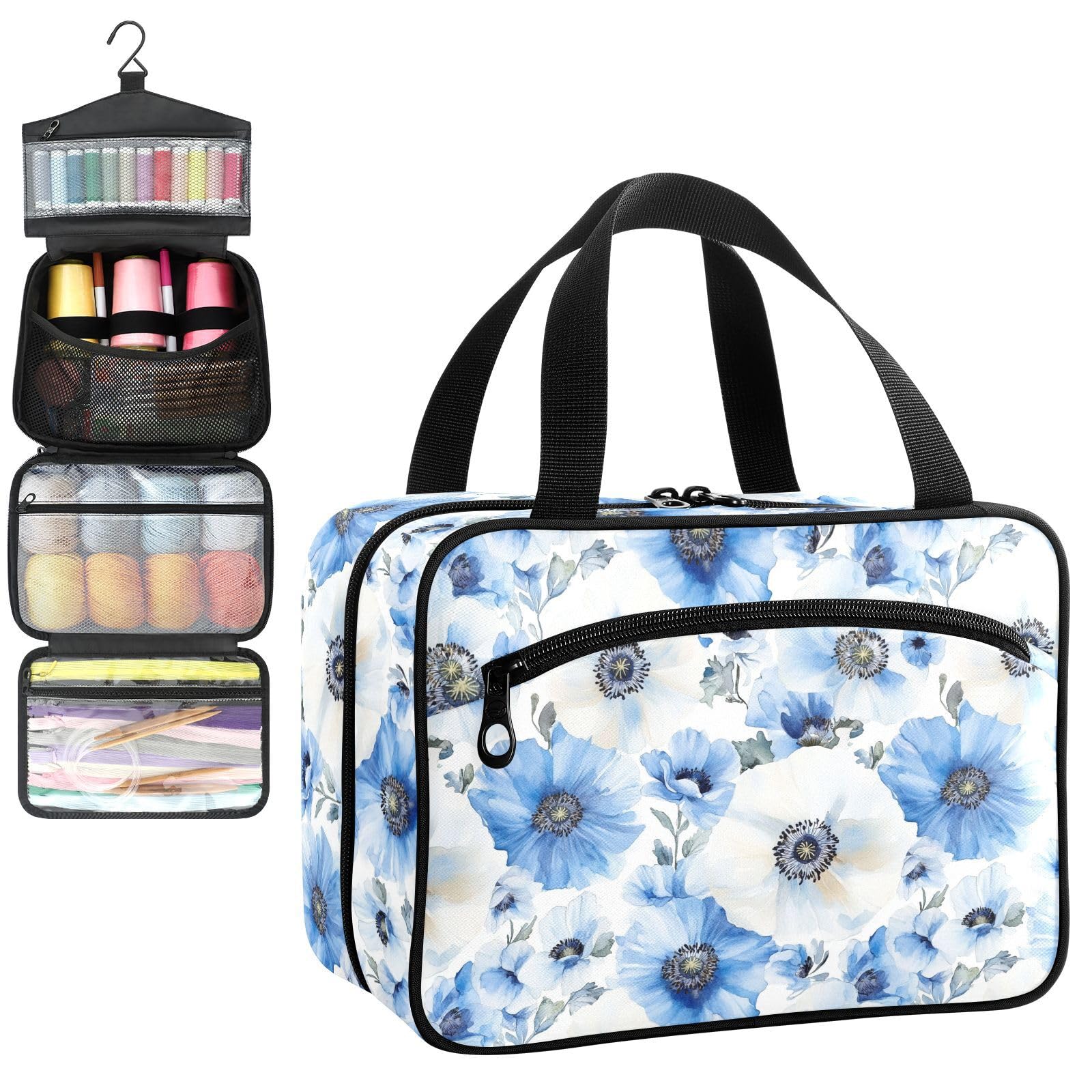 YNNALE Sewing Supply Organizer Bag, Light Blue and White Poppy Flowers Portable Sewing Bags with Pockets&Hanger, Sewing Storage Box Case for Sew Supplies/Kit/Tools/Accessories (BAG ONLY)