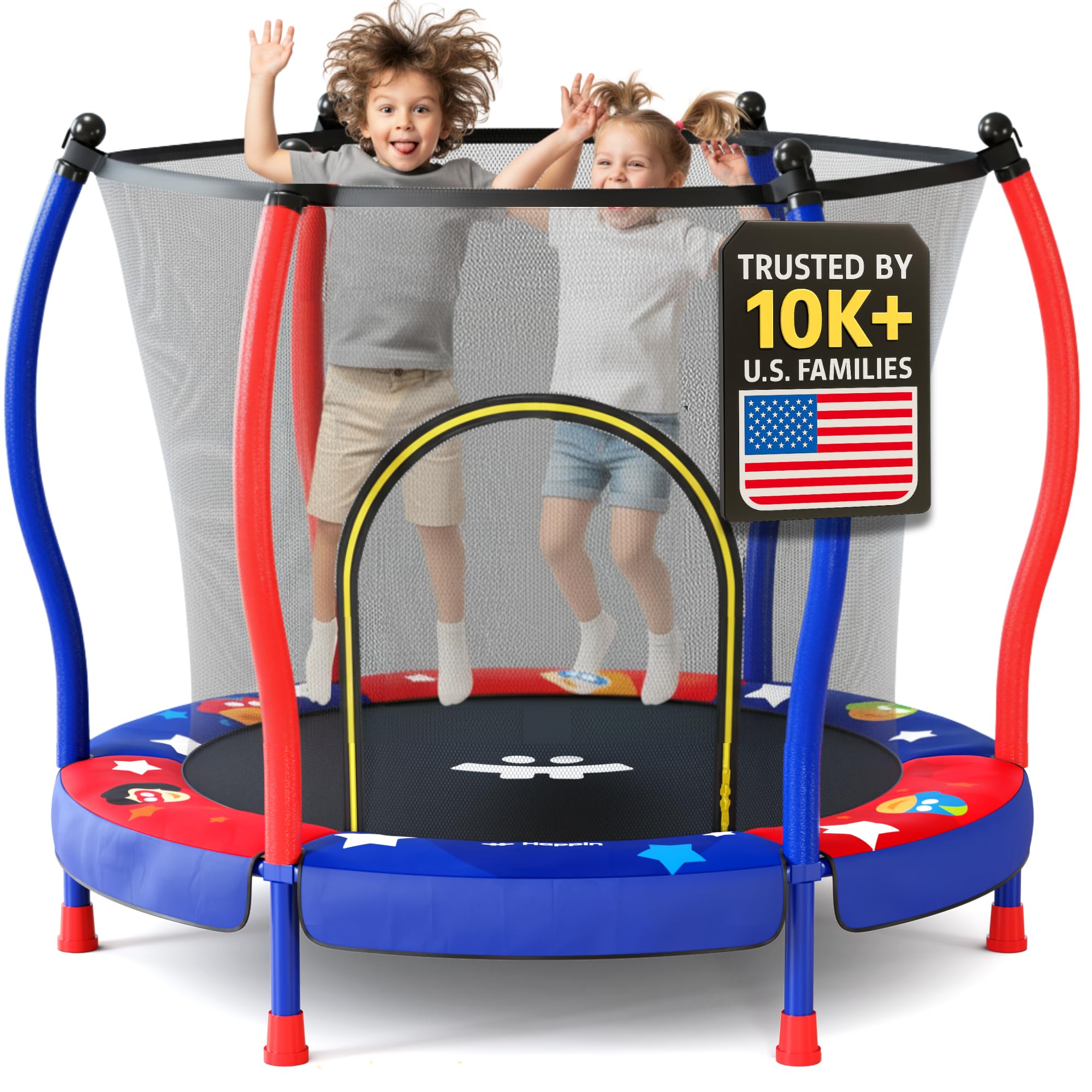 Happin® Trampolino da 140 cm per bambini da 1 a 6 anni, mini trampolino ultra sicuro per bambini, con rete di sicurezza, regalo per compleanno con canestro da basket