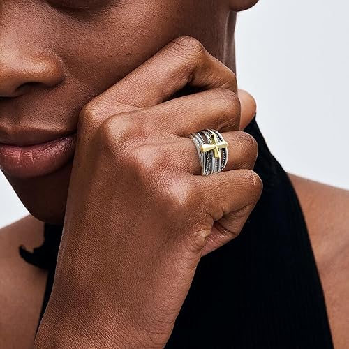 Vista 3 de Mytys Anillos llamativos de oro y plata para mujer, anillos de dos tonos, anillos vintage de plata calada, anillos de cóctel, joyería