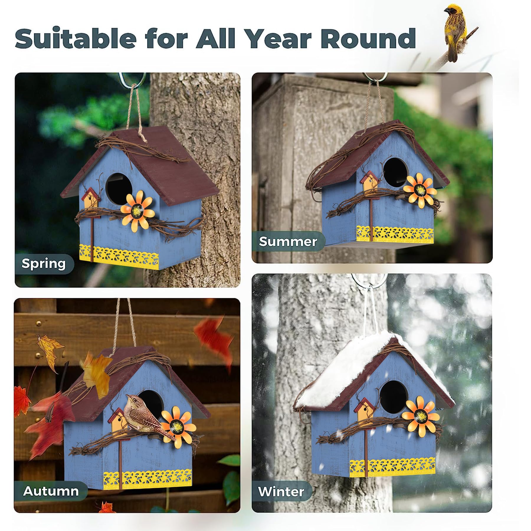 Casetta Per Uccelli Decorativa In Resina - Colorata, Impermeabile, Per Giardino O Patio (15.5x13x21.4 Cm) - Foto 9