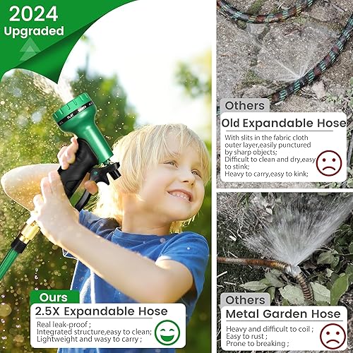 Miniatura 2 de Manguera de jardín expandible de 50 pies, manguera de agua flexible y ligera con boquilla y soporte de montaje en pared, tubo de agua plegable con