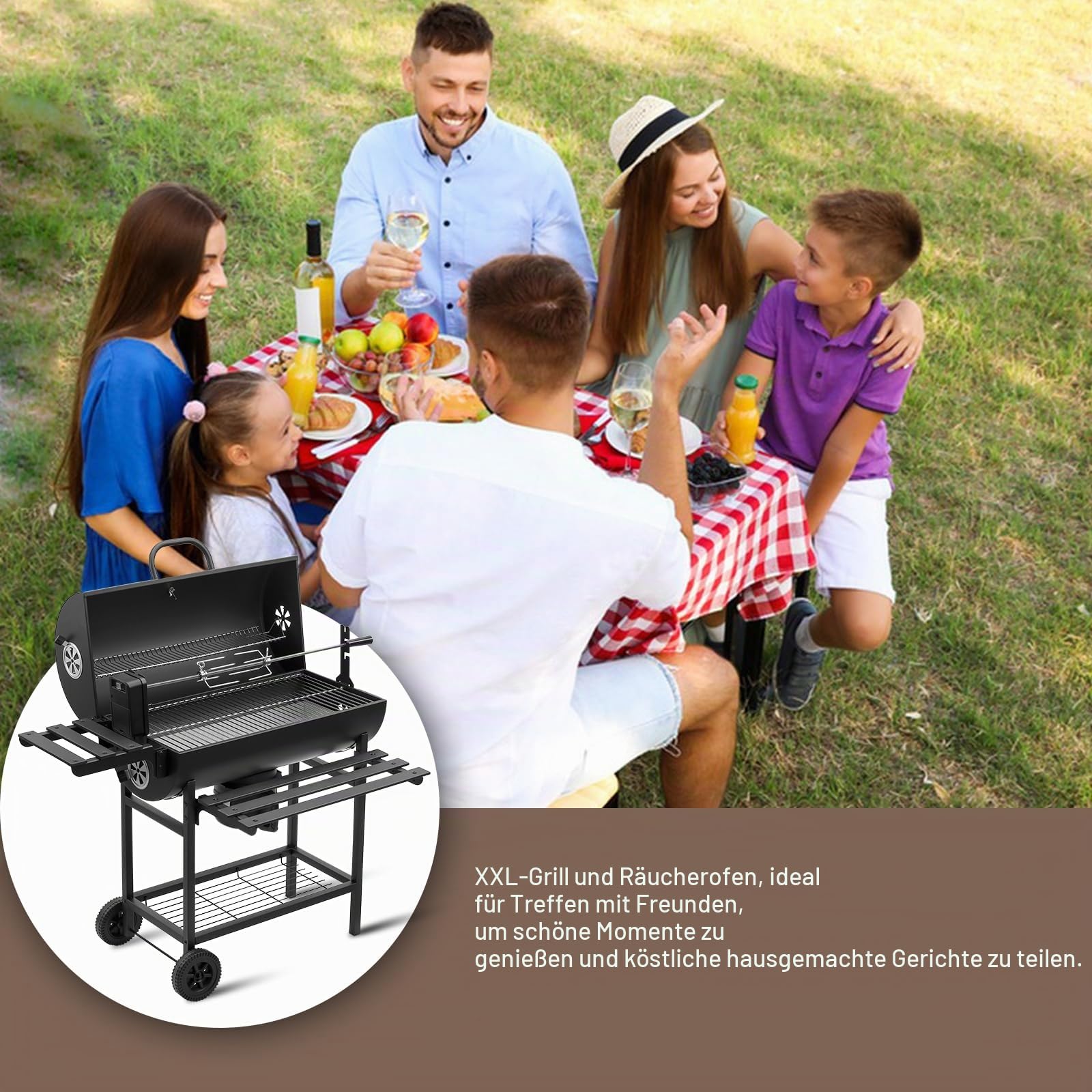 TEENO Grill Grillwagen BBQ Smoker Holzkohlegrill mit Deckel, Brathähnchen-Gestell,Rädern, Edelstahl-Griff, Grillrost und Thermometer, Lieferung von Clips und Handschuhen,Standgrill, Kohlegrillwagen