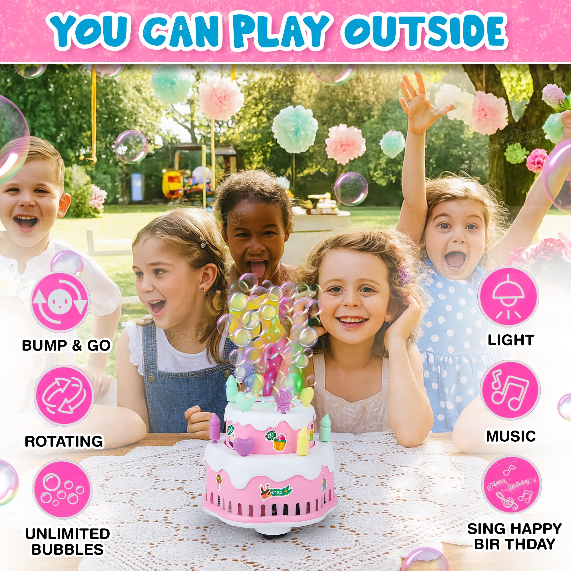 Zest 4 Toyz Bubble Cake Toy for Kids Bubble Machine with Colorful Lights & Stickers Rechargeable Bubble Blower Sings Happy Birthday Song Gift for Boys and Girls Age 3+ Multicolor
