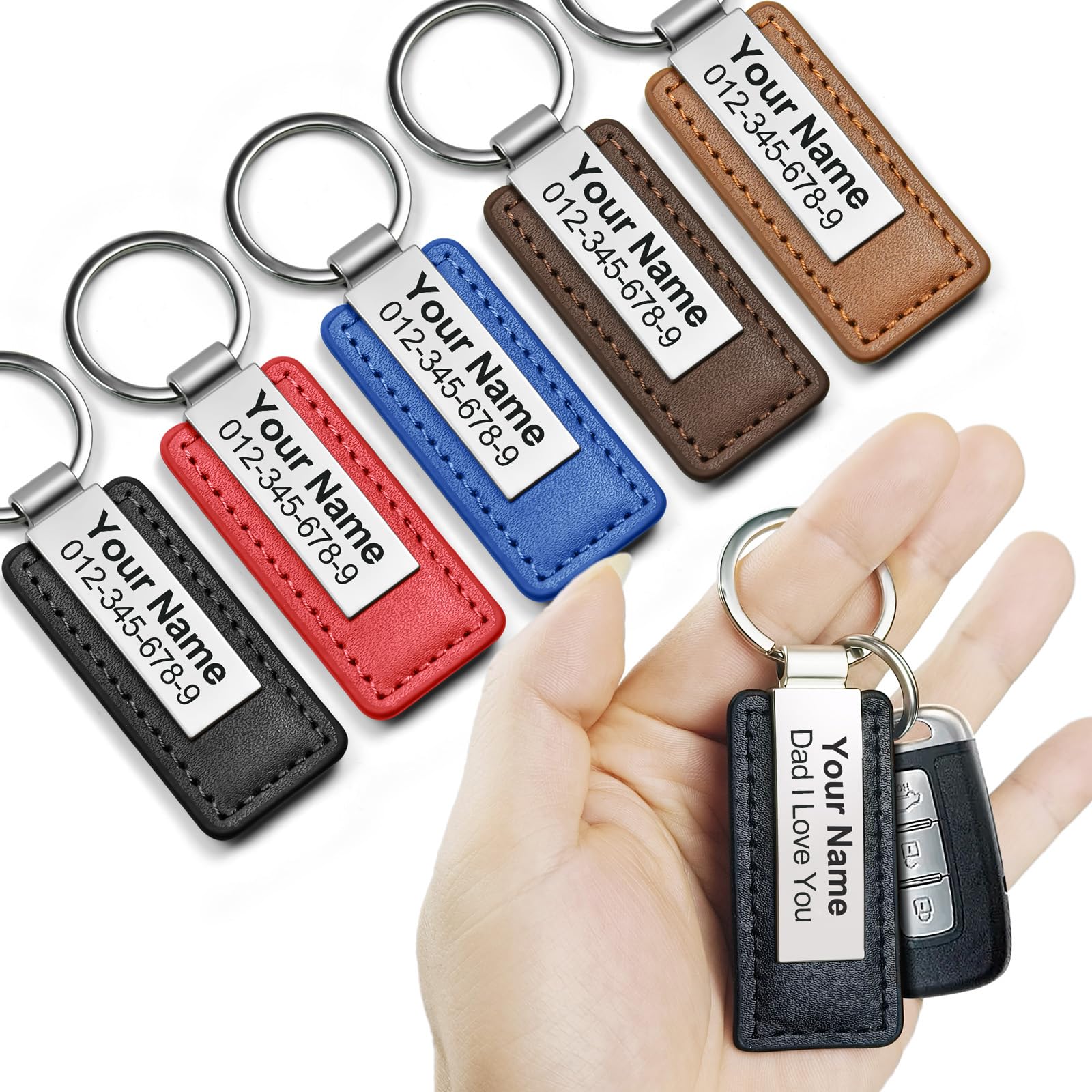 Engraved Personalized Leather Keychain - Custom Name ID Stainless Steel Keychain for Men and Father Gift