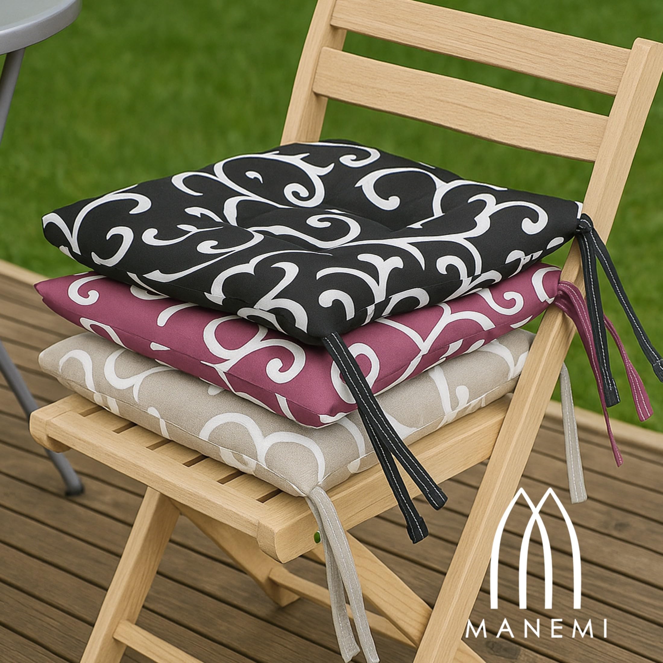 MANEMI Cojín de Silla 40x40x4 cm con Lazos, Mezcla de algodón y poliéster, Relleno de Espuma Suave, diseño con 4 Puntos de Costura, Lavable a máquina, Ideal para Cocina, Comedor o jardín
