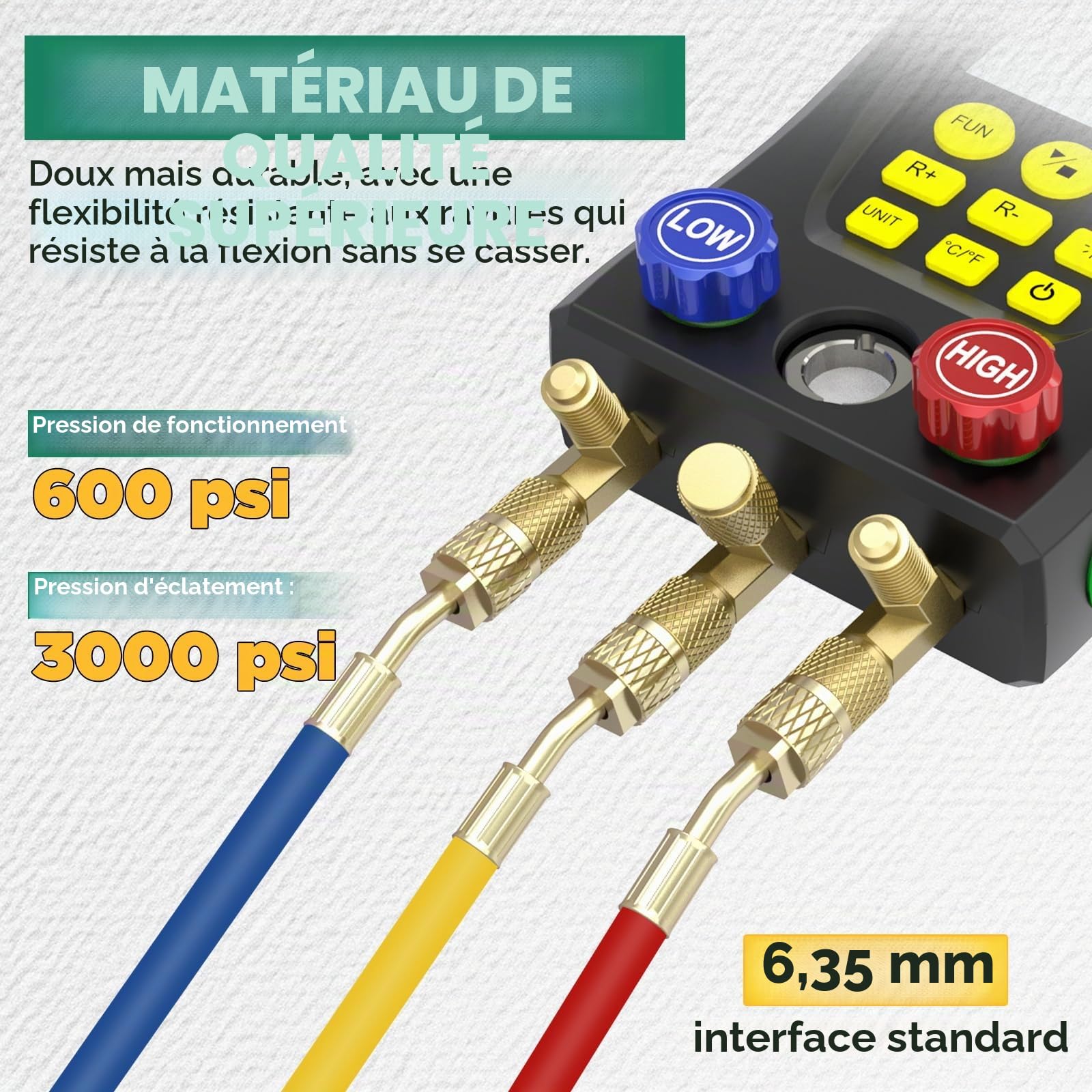 R32 R410a Manomètre à Réfrigérant Numériqueavec Deux Pinces de Température, Commande à Deux Vannes Manometre Climatisation avec 93 Types de Réfrigérants, pour Diagnostic & Maintenance Frigorifique