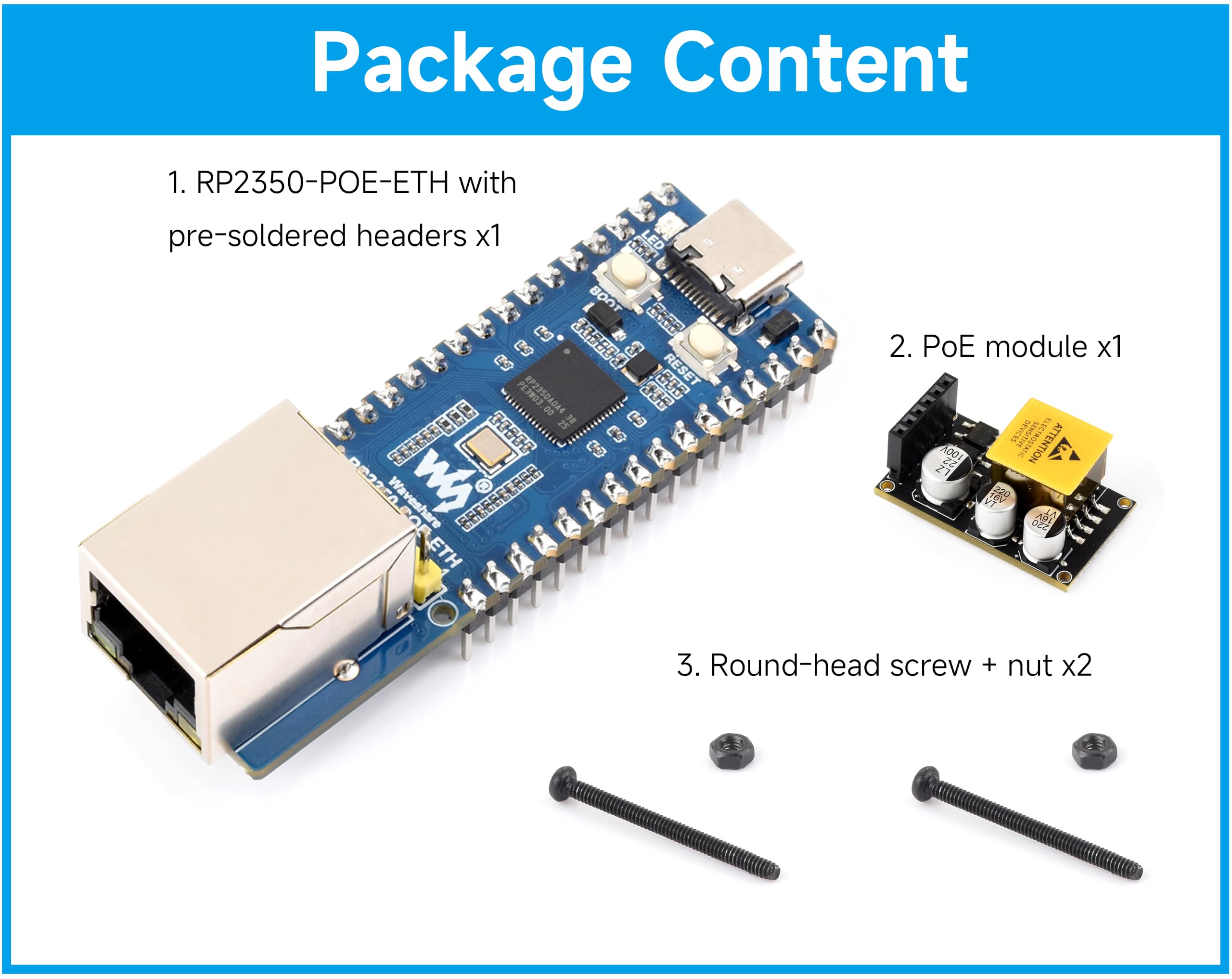 RP2350-POE-ETH Carte de développement, avec en-têtes pré-soudés et module
