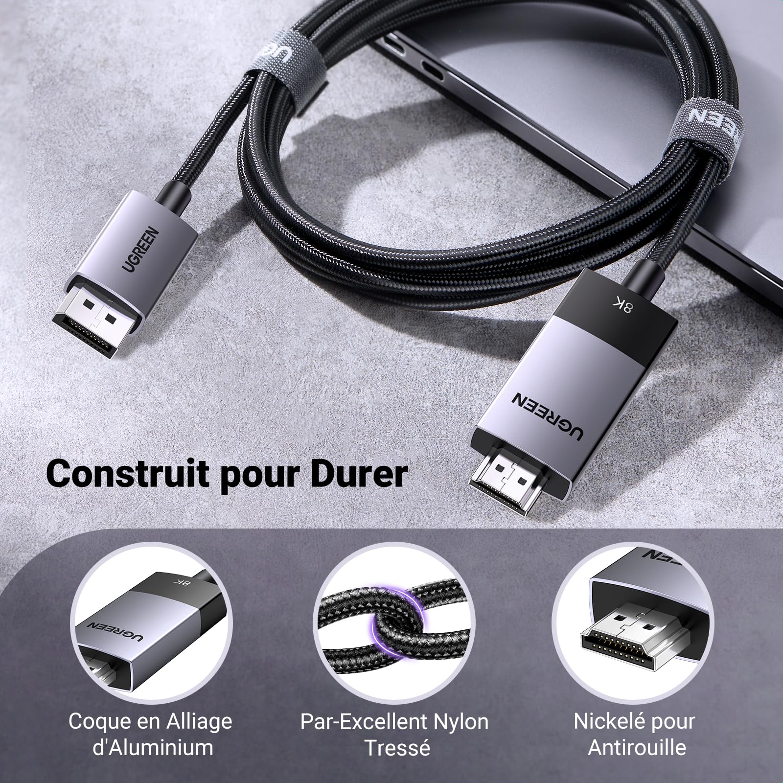 UGREEN 4K Câble DisplayPort vers HDMI 8K 60Hz 4K 240Hz Unidirectionnelle DP 1.4 vers HDMI 2.1 32.4Gbps HDR HDCP Nylon Tressé Compatible avec Insignia NVIDIA Laptop Projecteur Moniteur (2M)
