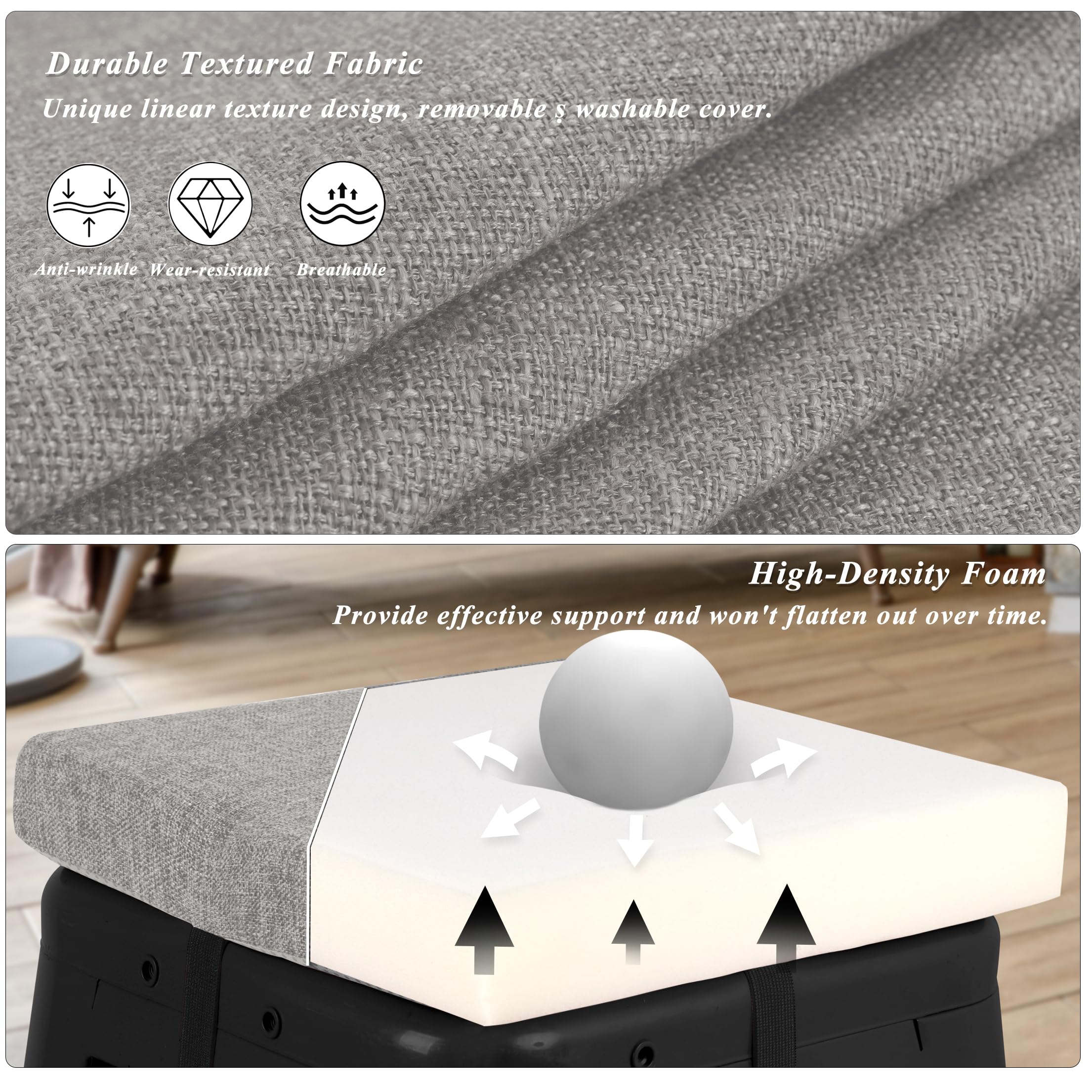 FlyGulls Square Bar Stool Cushions Non-Slip Chair Pads with Ties 2“ Thick Chair Cushions Set of 2 with Machine Washable Cover (Light Grey - Image 3