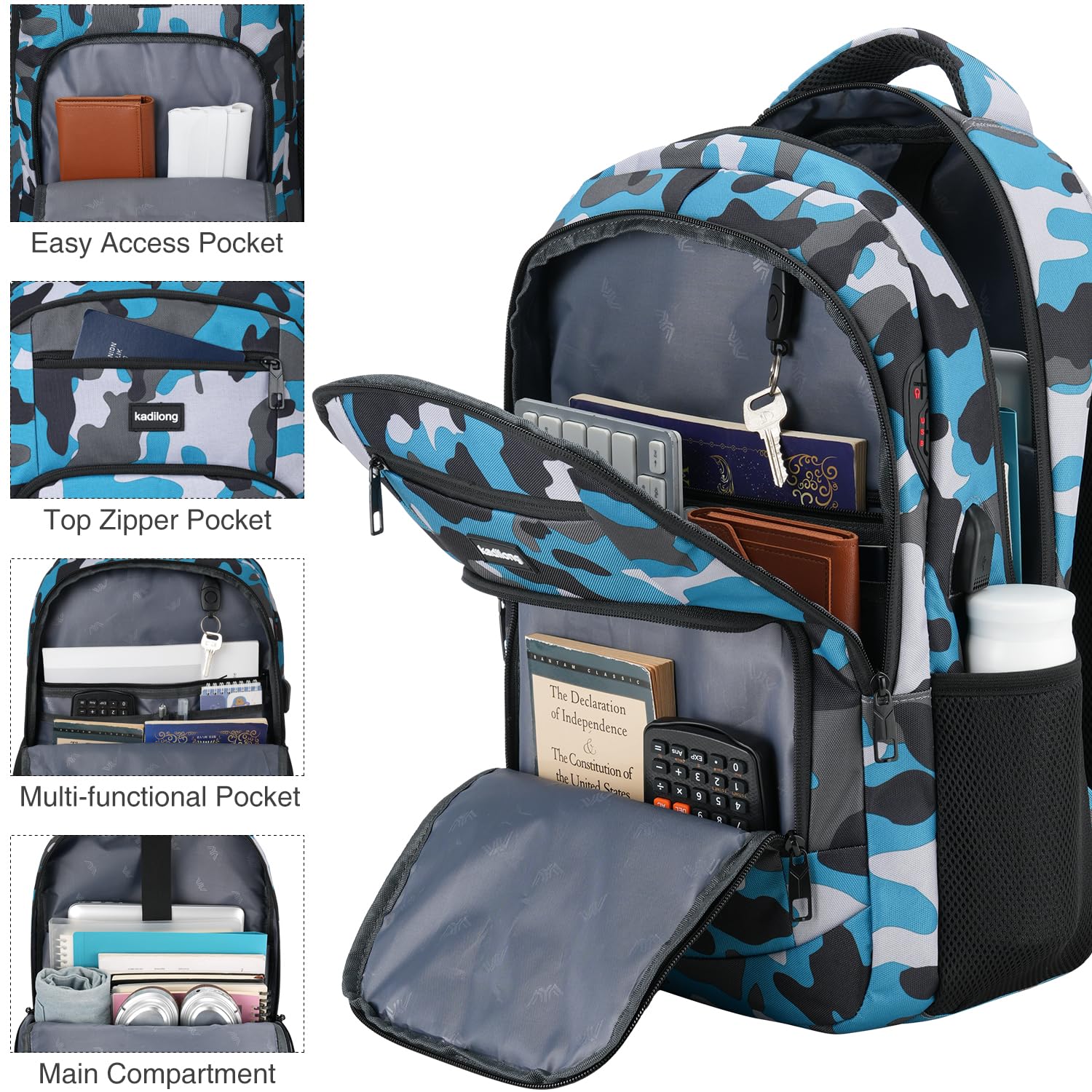 kadilong Zaino scolastico per ragazzi e adolescenti, cartella per scuola, università, zaino laptop da uomo per lavoro con USB per viaggi business, notebook