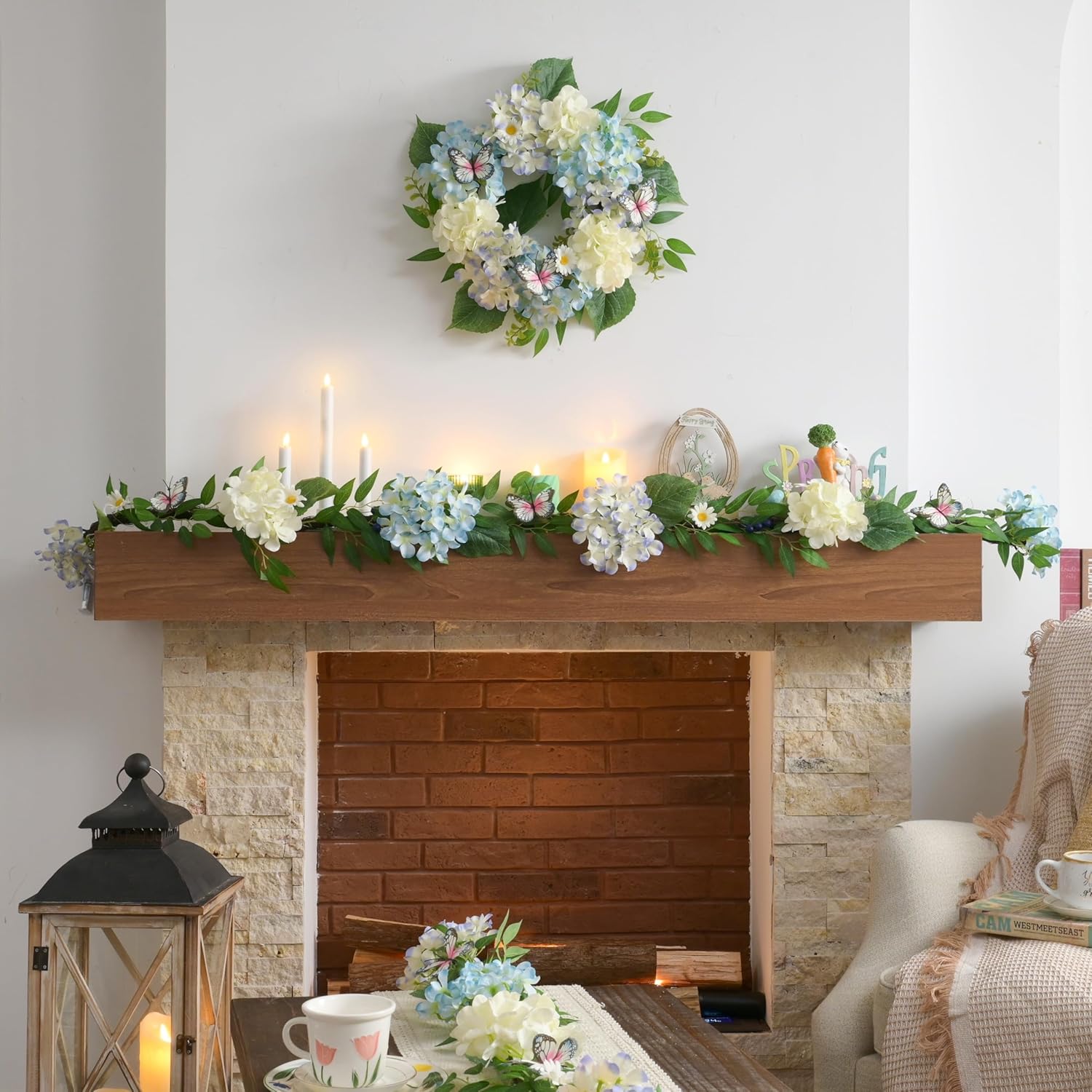 Valery Madelyn Spring Summer Wreaths for Front Door with Lights, Silk Blue White Hydrangeas Floral Wreath with Eucalyptus Leaves Butterfly for Fall Home Porch Window Party Wedding Arch Decor-18'' - Image 3