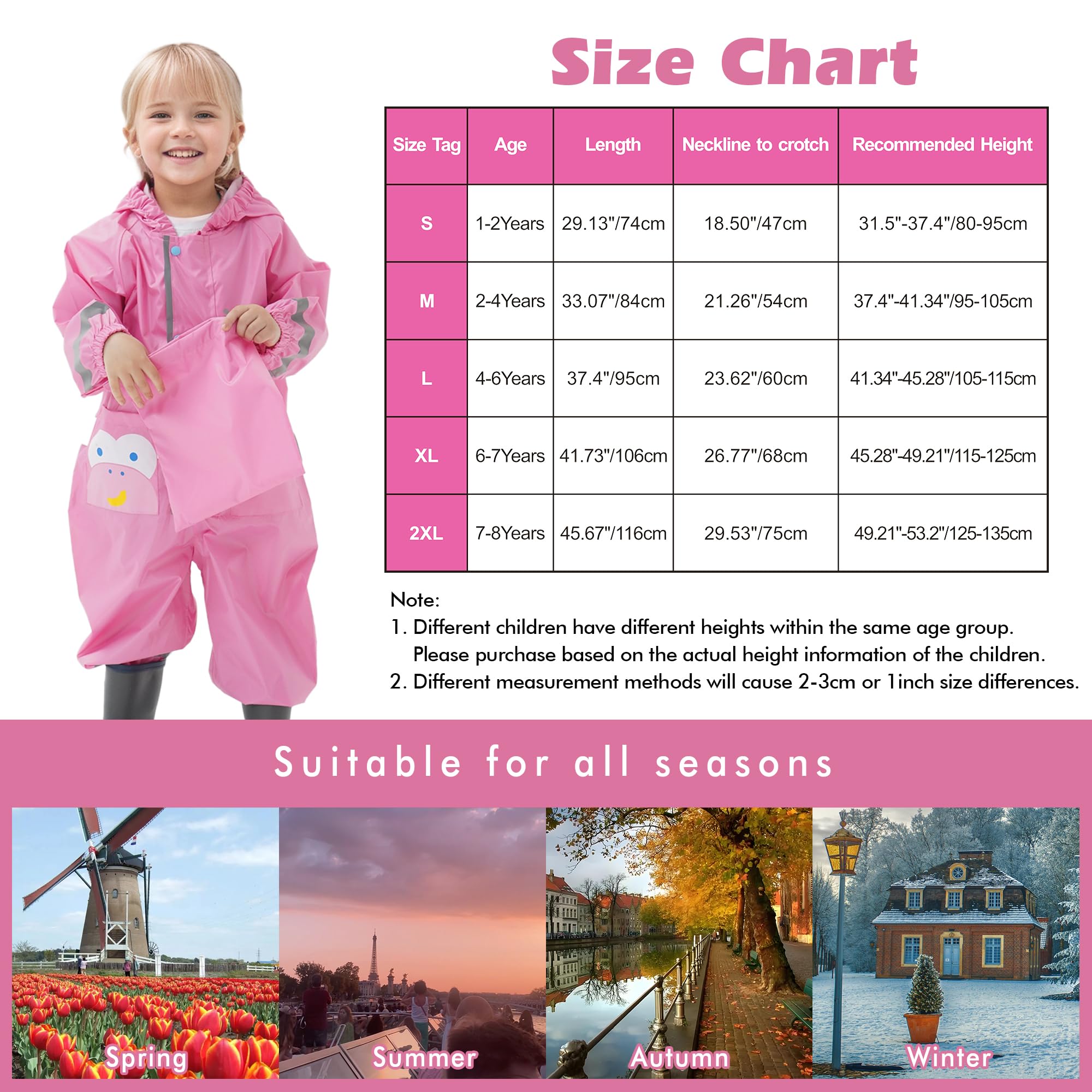 Impermeable Niño Niña Traje de Lluvia con Capucha Infantil Chubasquero Transpirable Ligero Portátil Chaqueta Impermeable y Pantalones Exterior Abrigo con Reflectante y Bolsillo para 1-9 años