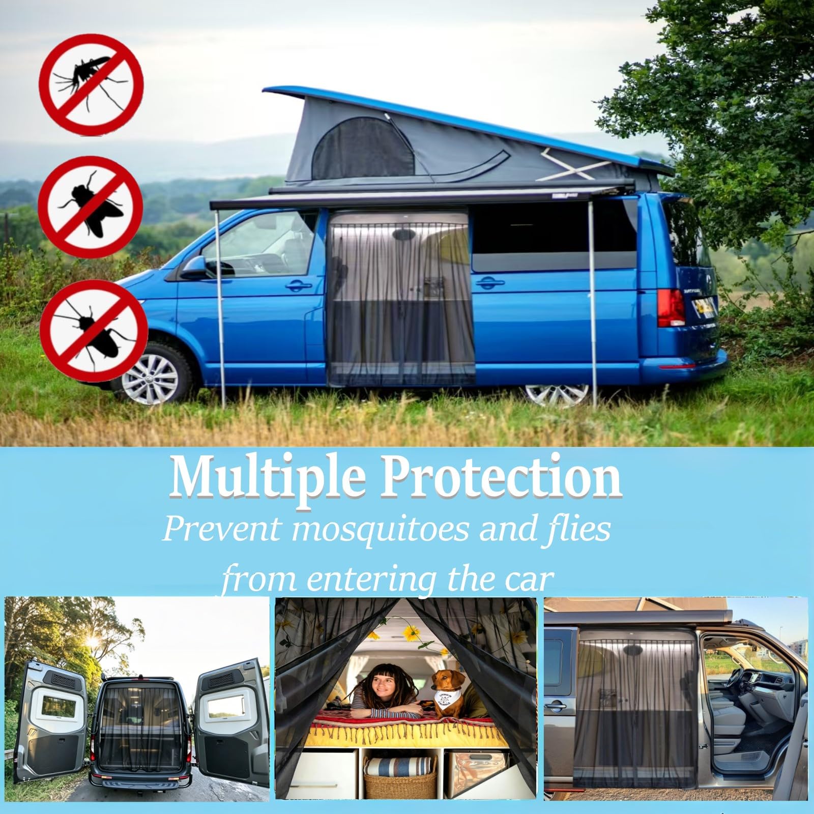 Moustiquaires pour Portes Latérales Voiture pour VW T6, Magnétique Moustiquaire Pare Soleil Camionnette Résistant Aux UV Moustiquaire Rideau de Séparation Amovible avec Sac De Rangement
