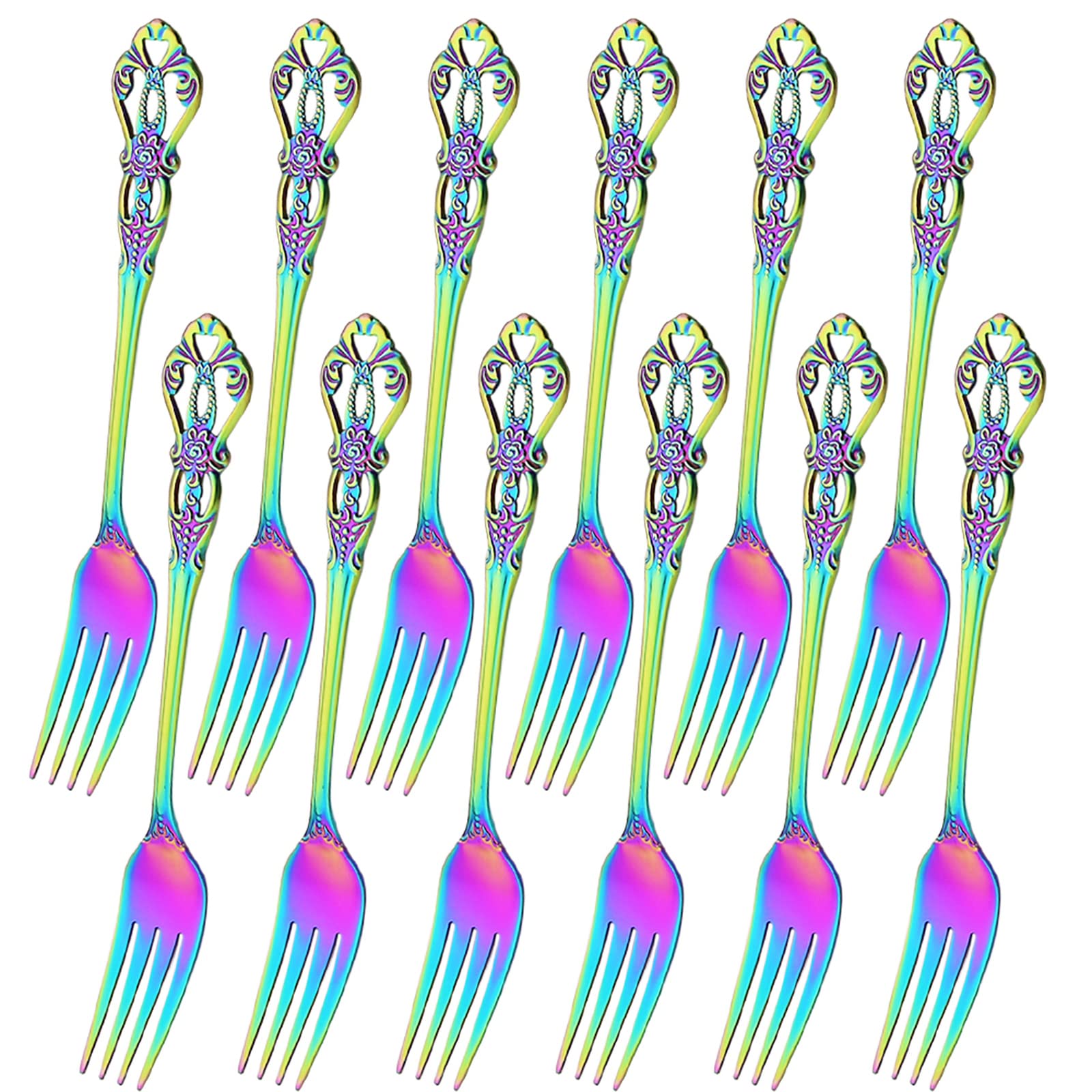 Snplowum 12-Piece Flatware Fork Set, Royal Stainless Steel Silverware Dessert Forks Set For Home Kitchen Restaurant Daily Use - Mirror & Dishwasher Safe, 8.11 Inch Rainbow