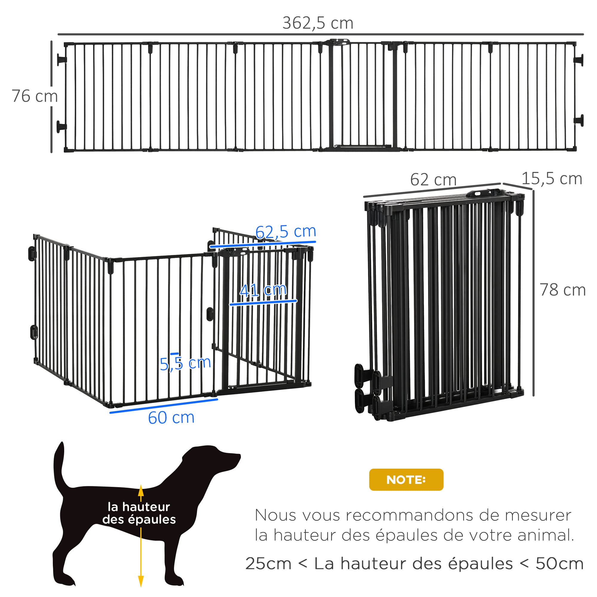 PawHut Barrière de sécurité barrière de Protection cheminée Parc enclos Chien Pliable modulable 6 Panneaux avec Porte sans perçage 362,5 x 76 cm Noir