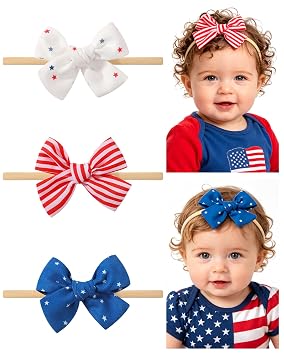 doboi 3PCS 4th of July Baby Girls Headbands Hair Bows Star Nylon Cotton Linen Hairbands Fine Handmade Hair Accessories for Newborn Infant Toddlers Little Girls
