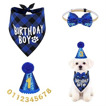 Pet Birthday Set Boy Dog Party Cone Hat with Glitter Numbers and Pom Poms, Bandana Scarf, Adjustable Bow Tie for for Small Medium Dogs Cats Birthday Celebration 4pcs Blue