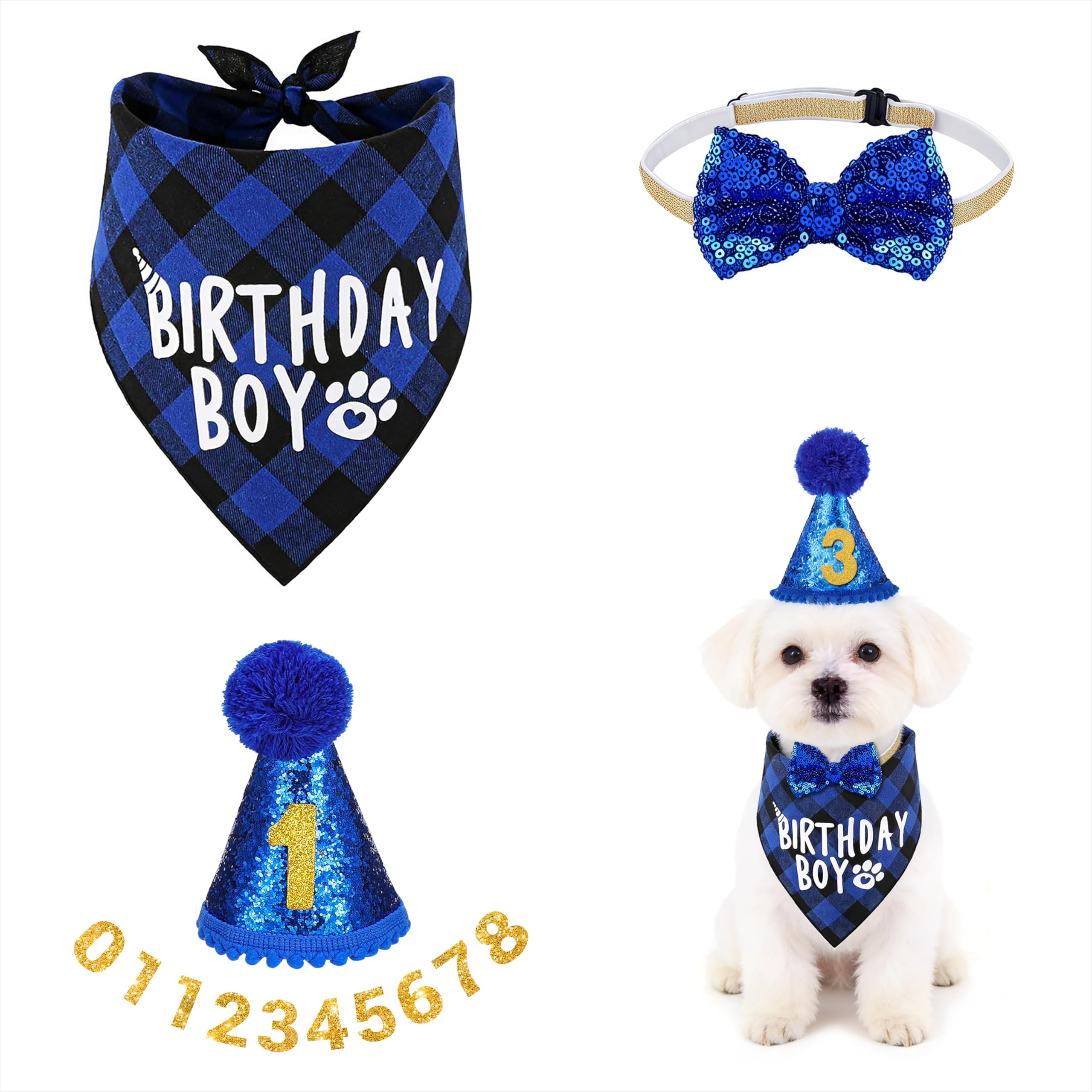 Set di Bandana Compleanno per Cani con Cappello e Pompon, Numeri Bling Adesivi 4 Pezzi Blu