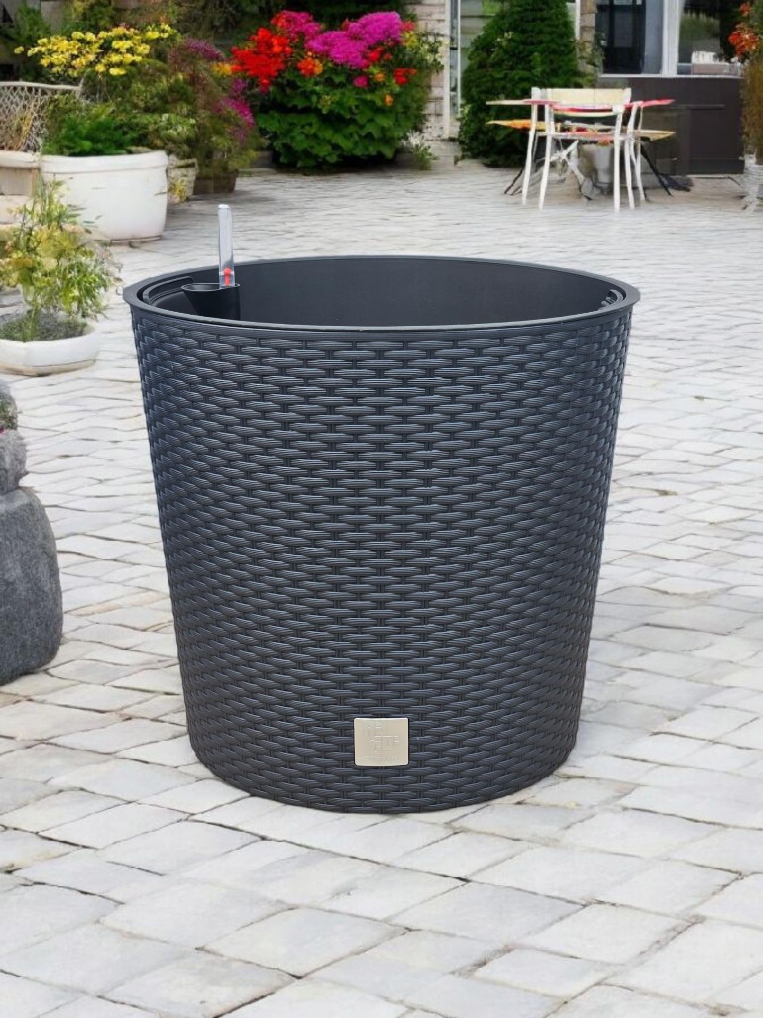 HappyFlower MultiProject Blumentopf Pflanzkübel inkl. Einsatz rund Rattan-Optik 4 Größen 4 Farben Übertöpfe (400, Schwarz)