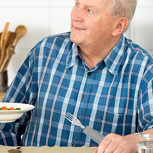 Miniatura 9 de BESTonZON Juego de utensilios adaptativos para ancianos, ancianos con asas construidas, tenedor flexible, cuchara y cuchillo basculante, cuchillo de
