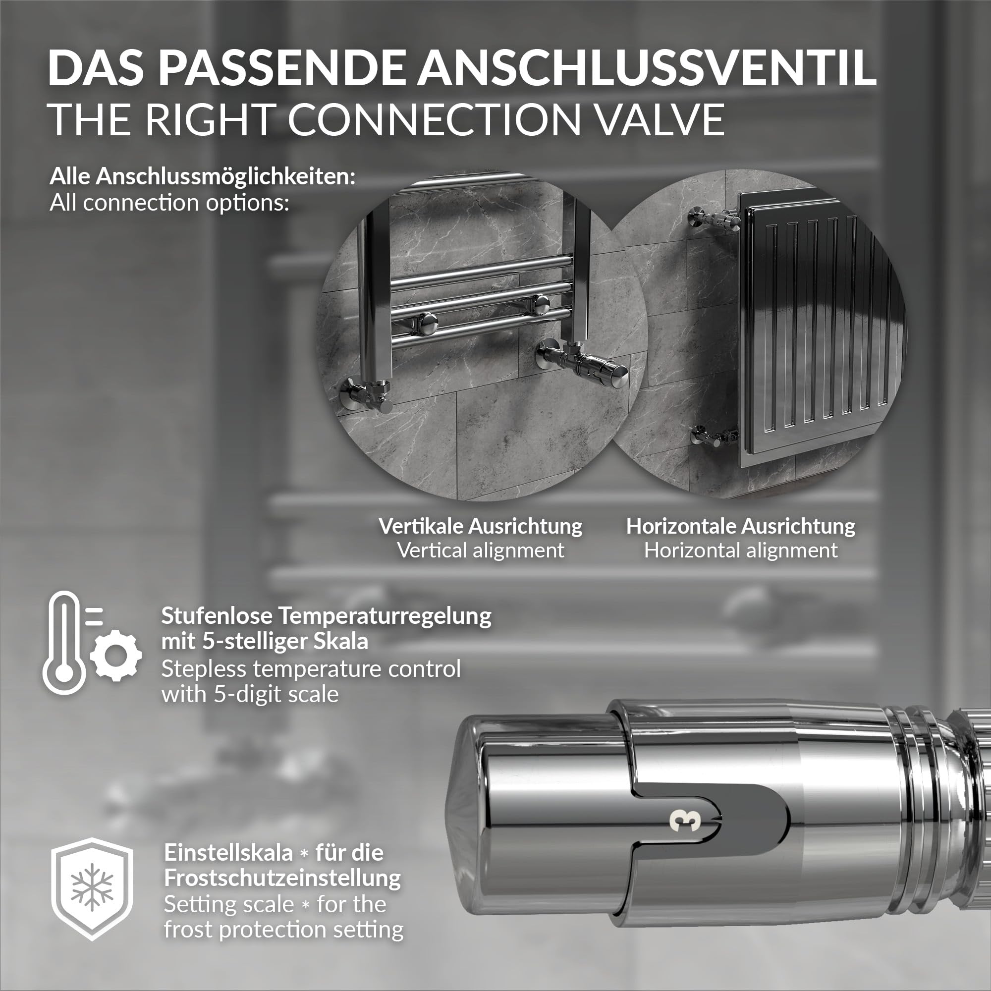 LuxeBath Zawór termostatyczny + złącze śrubowe powrotne do grzejników, chrom, zawór grzejnikowy, kompletny zestaw, głowica termostatu 1/2" kształt narożny, zawór grzewczy z pozycją ochrony przed