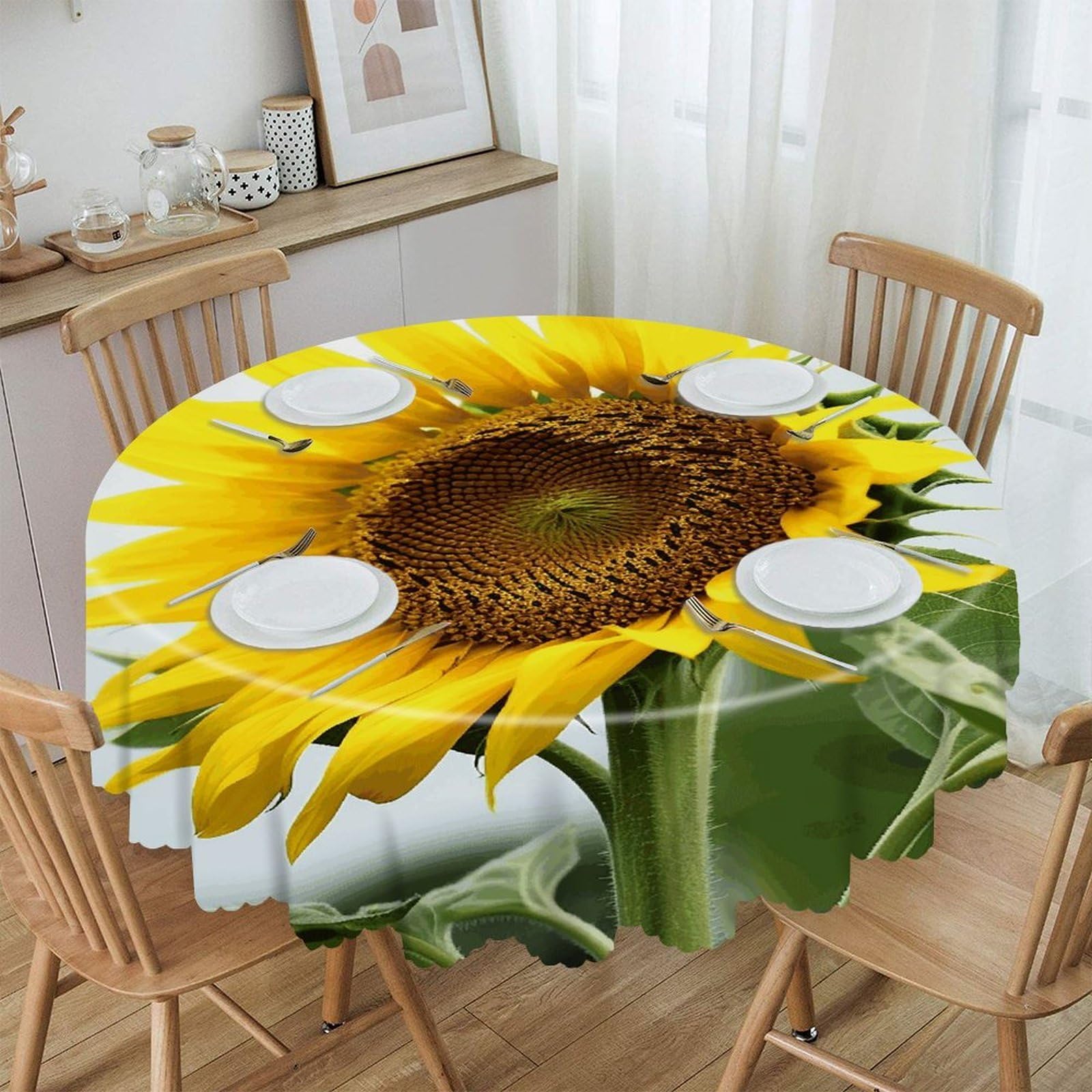 FekiLoot Bloom Sunflower Round Tablecloth Waterproof Spill-Proof Wipeable Table Cloth Wrinkle Free Circle Dining Table Cover for Dining Kitchen Wedding Parties Machine Washable